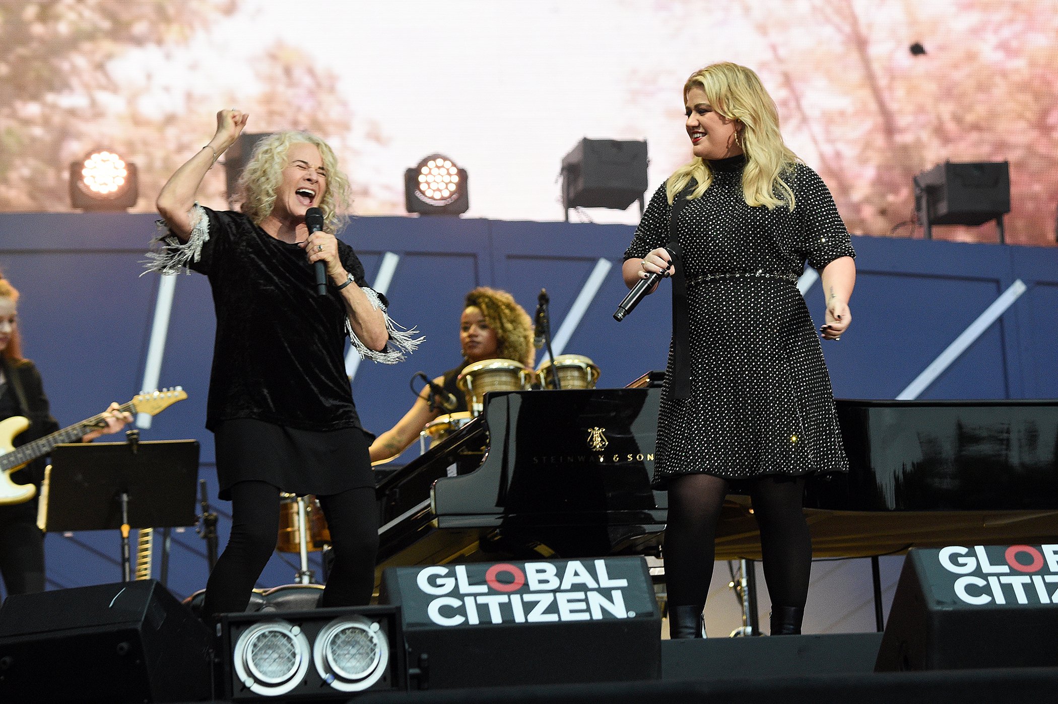 Carole King and Kelly Clarkson perform on stage together during the 2019 Global Citizen Festival in Central Park, on Sept. 28, 2019, in New York City.