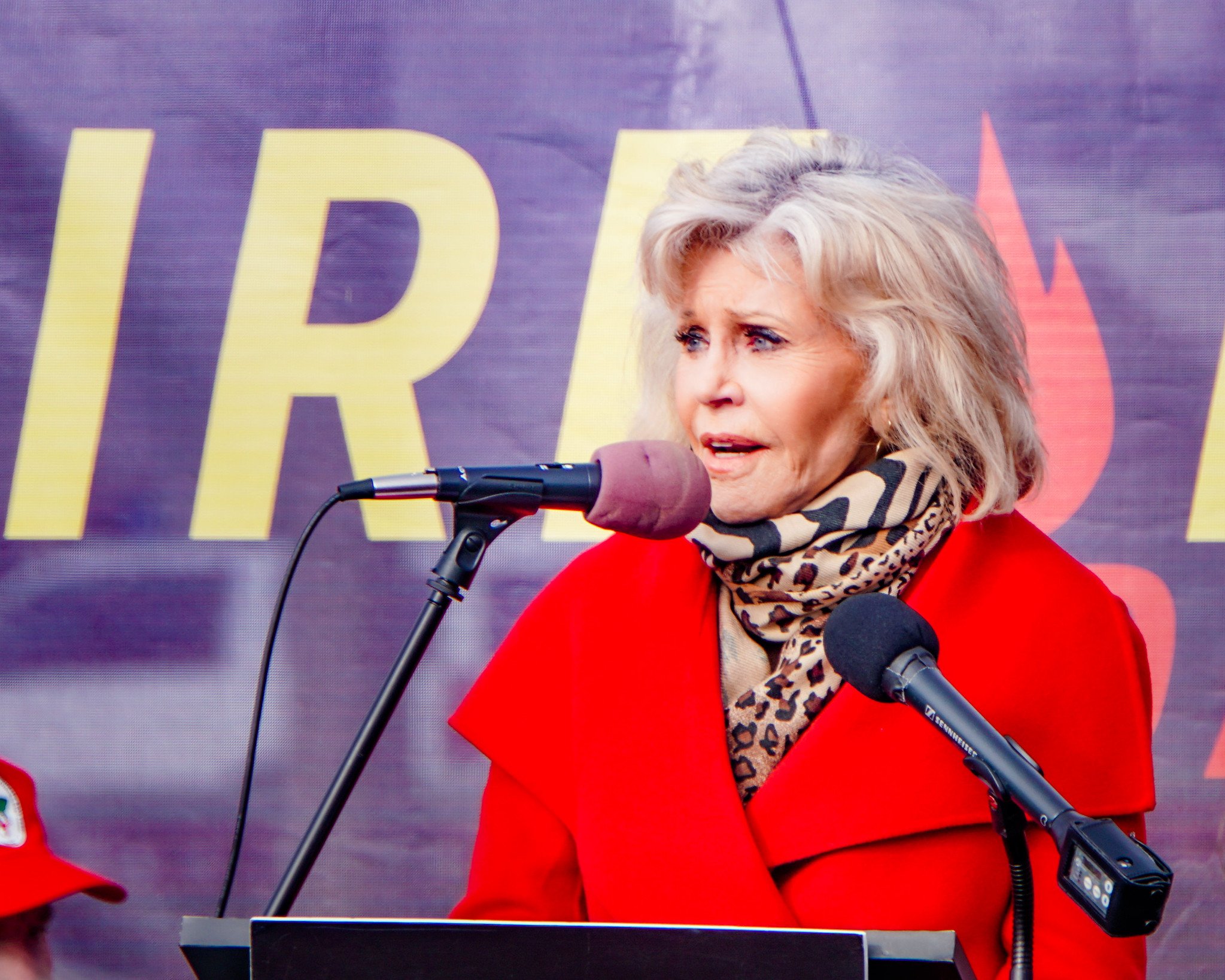 Jane Fonda delivers a speech on protecting the planet at Fire Drill Fridays in 2019, Washington DC. Jane Fonda at Fire Drill Fridays in 2019, Washington DC