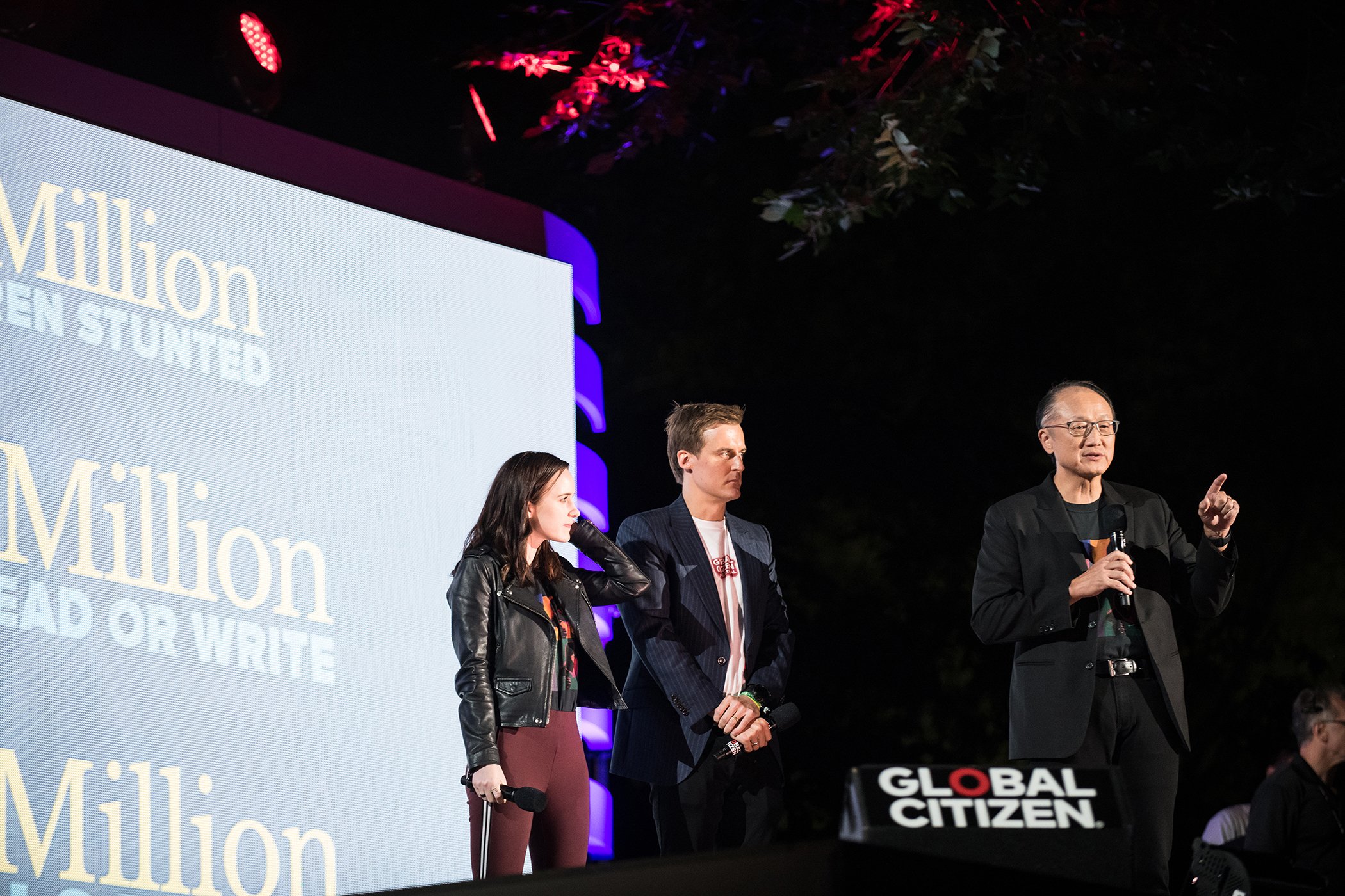 (L-R) Rachel Brosnahan, Global Citizens CEO Hugh Evans, and Jim Yon Kim speak onstage during the 2018 Global Citizen Festival: Be The Generation in Central Park on Sept. 29, 2018 in New York City.