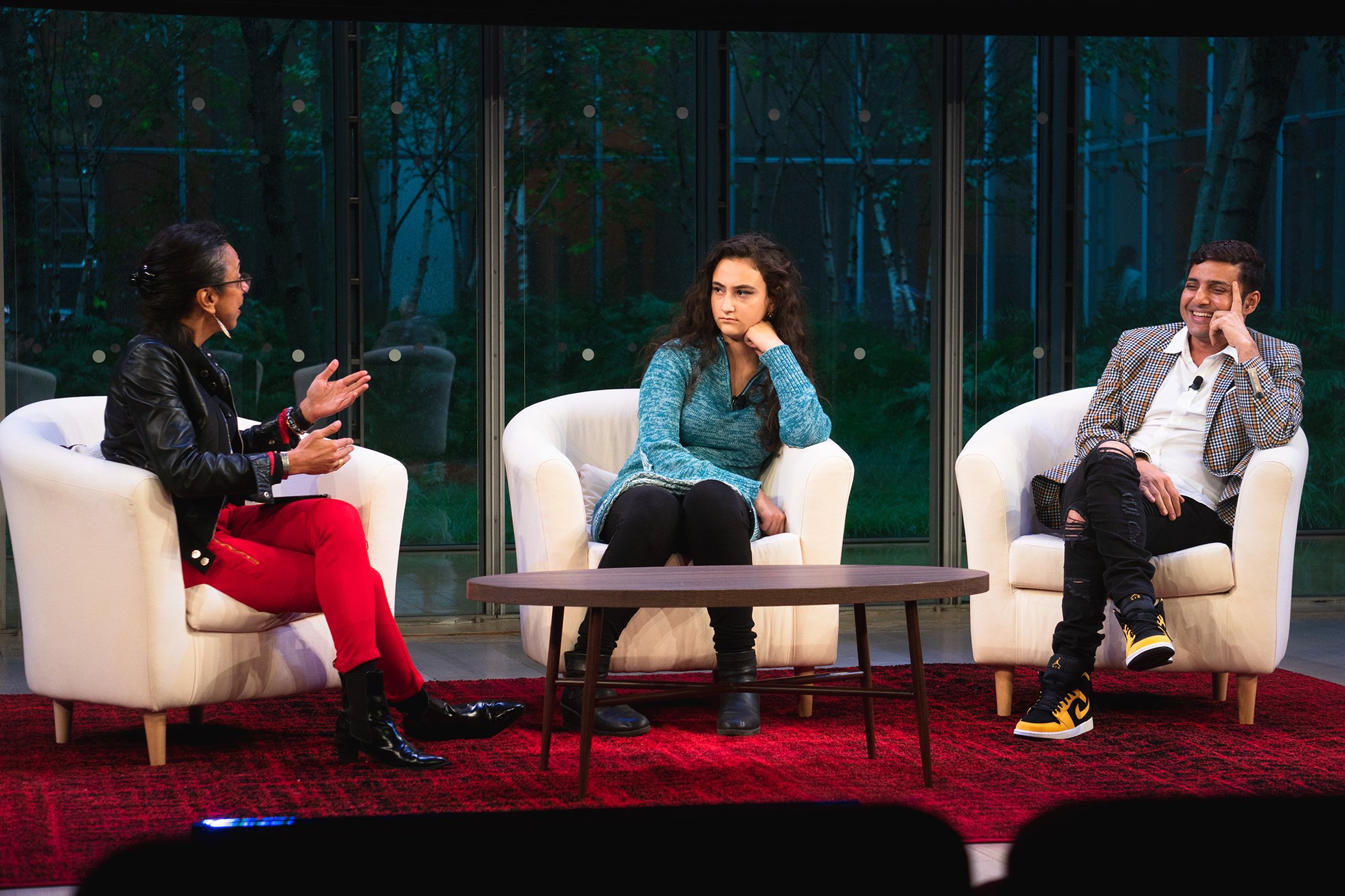 (L-R) Ladan Manteghi, Jamie Margolin, and Afroz Shah speak onstage during Global Citizen - Movement Makers at The Times Center on Sept. 25, 2018 in New York City.