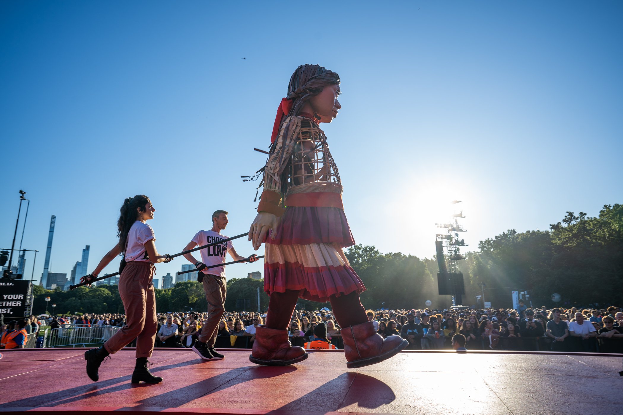 The giant puppet Little Amal, who represents displaced children across the world, appears on stage at Global Citizen Festival: NYC on Saturday, Sept. 24, 2022.