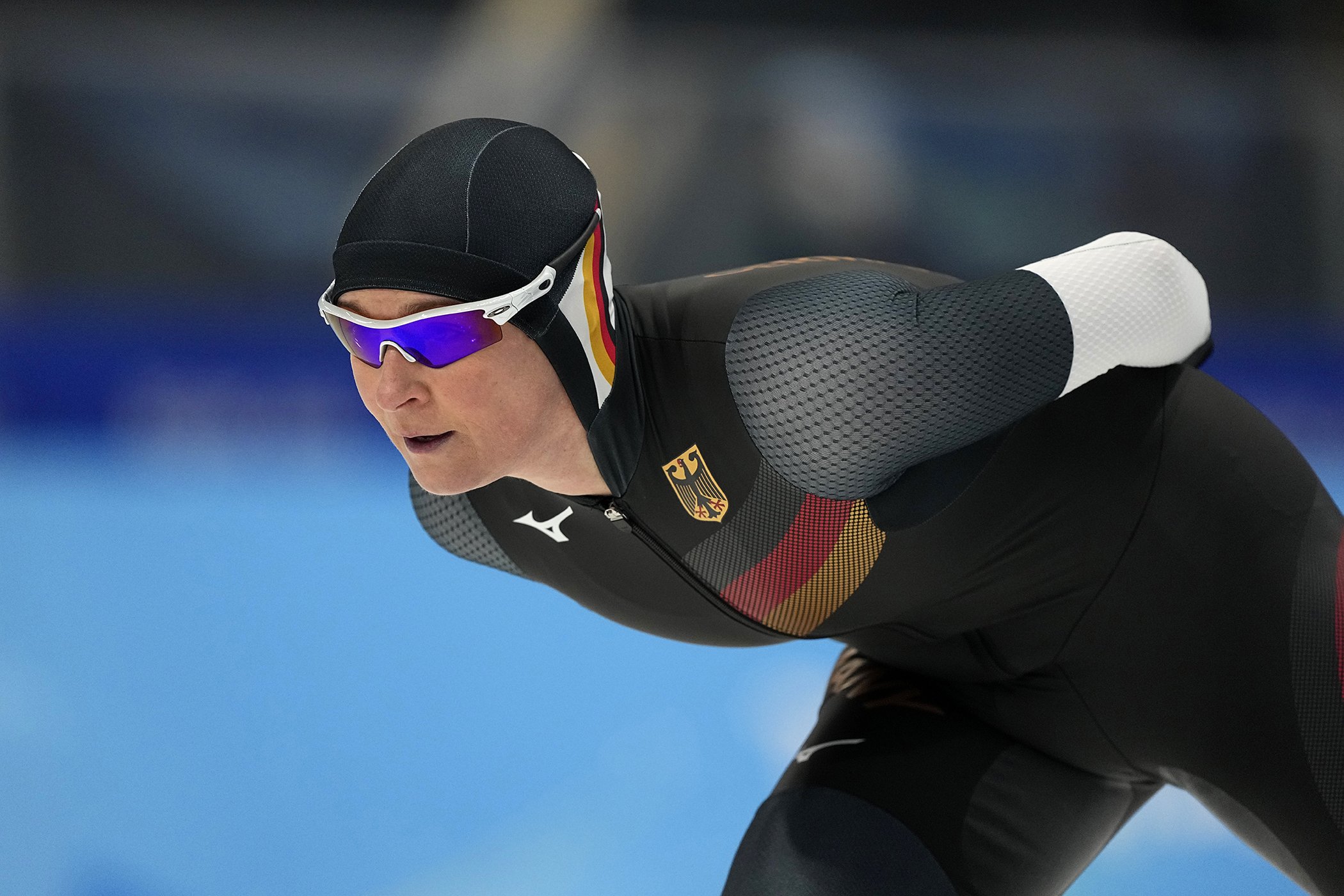 Claudia Pechstein of Germany competes during the women's speedskating 3,000-meter race at the 2022 Winter Olympics, Feb. 5, 2022, in Beijing.