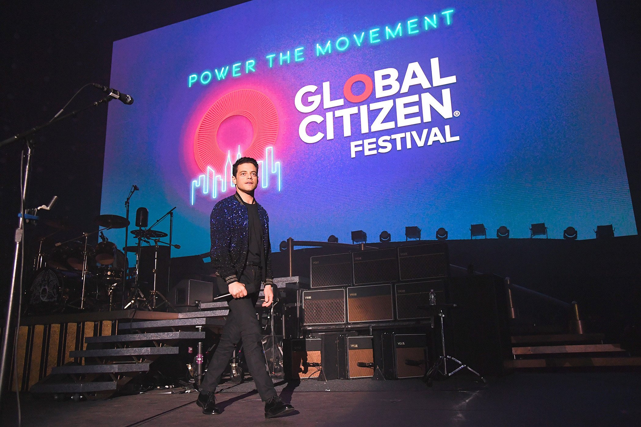 Rami Malek introduces Queen on stage during the 2019 Global Citizen Festival in Central Park on Sept. 28, 2019, in New York City.