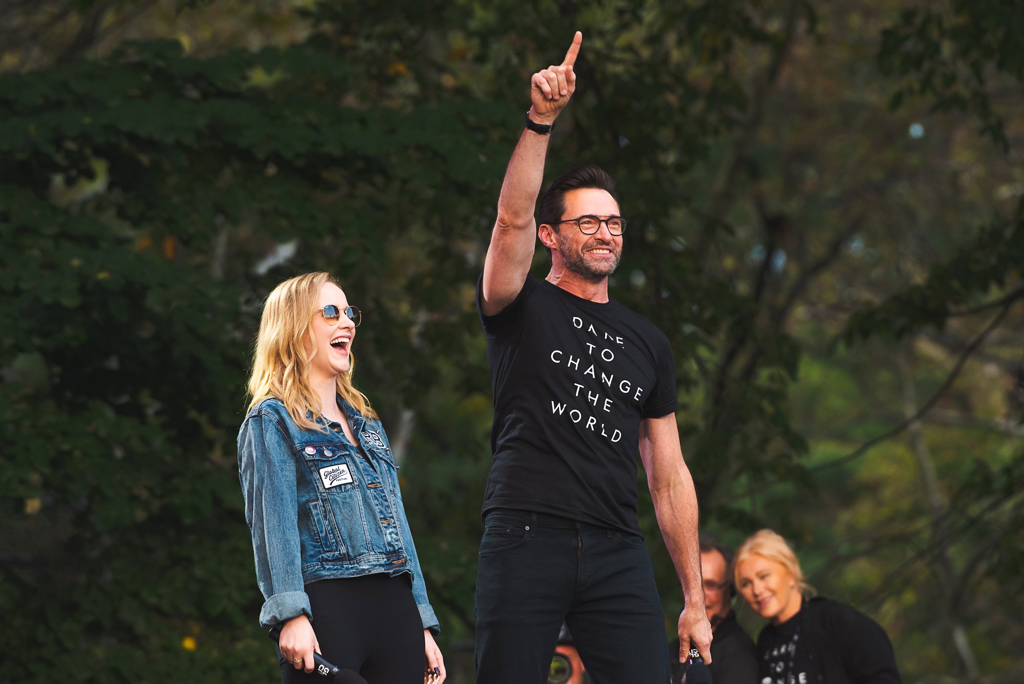 Rachel Brosnahan and Hugh Jackman speak on stage during the 2019 Global Citizen Festival in Central Park, on Sept. 28, 2019, in New York City.