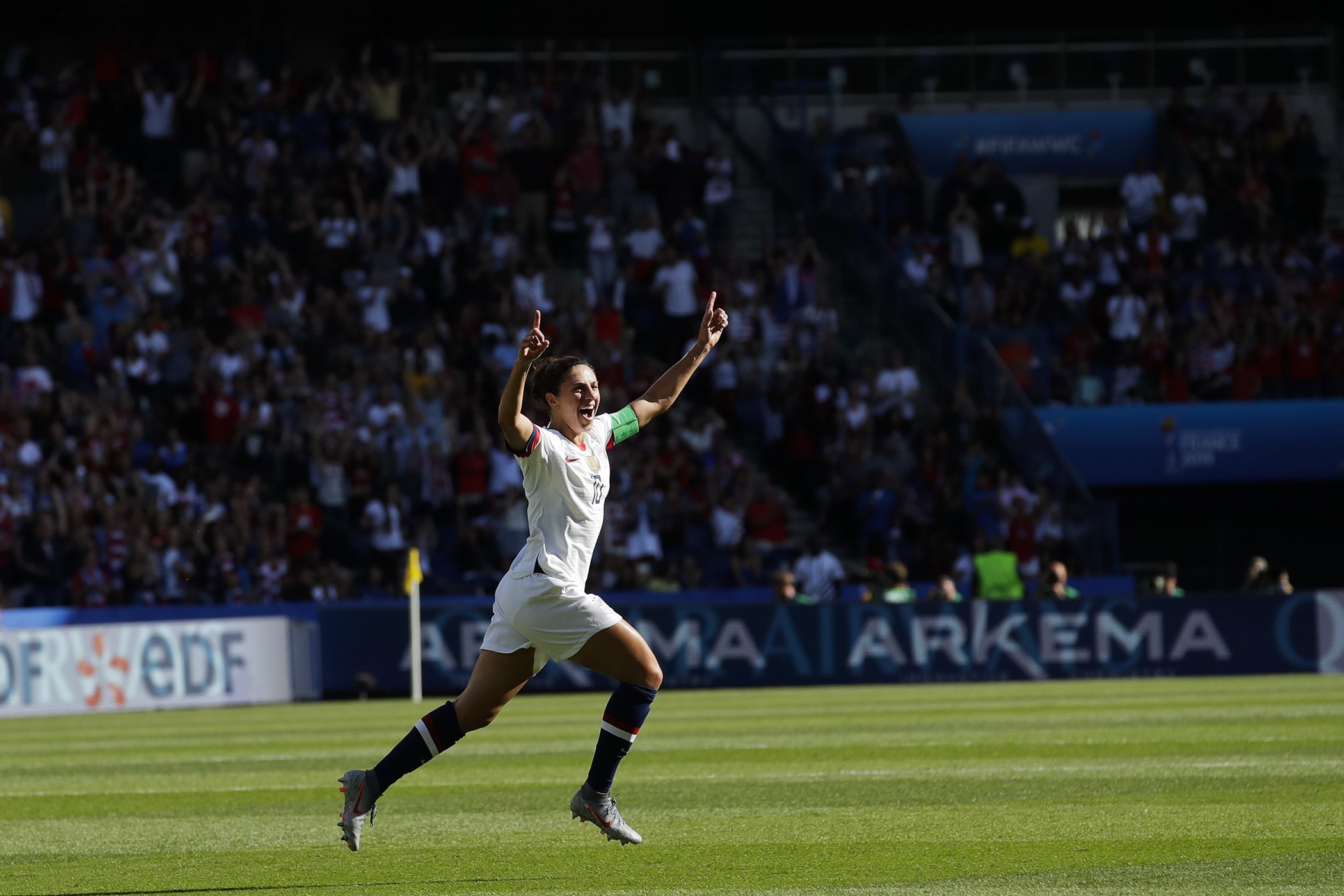 United States' Carli Lloyd celebrates after scoring the opening goal during the Women's World Cup Group F soccer match between United States and Chile at Parc des Princes in Paris, France, June 16, 2019.