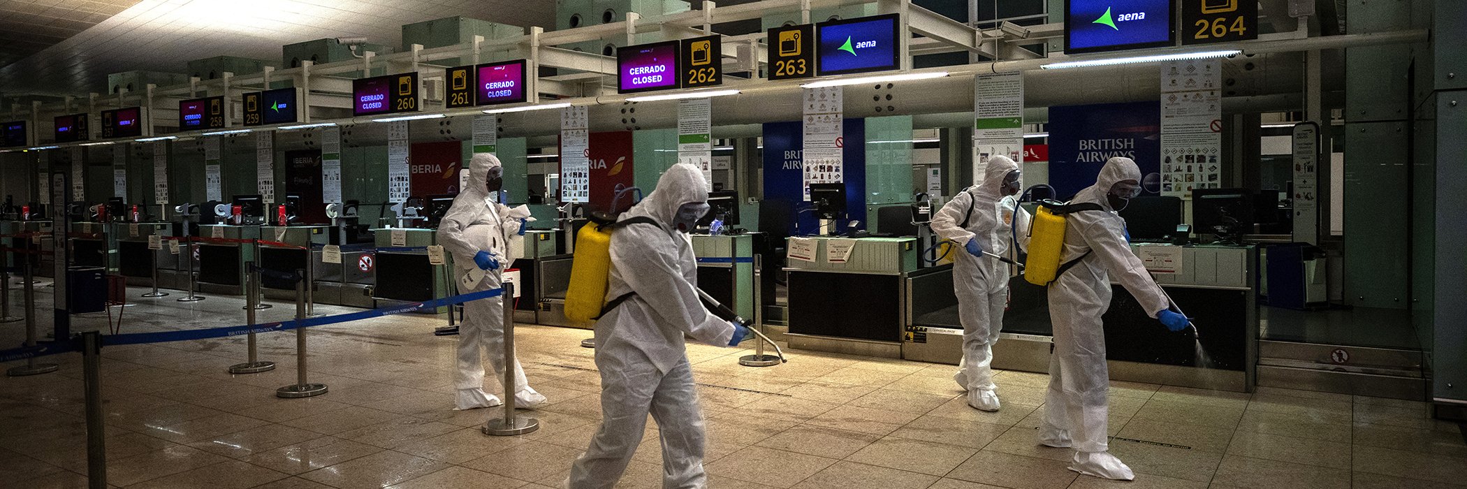 Spanish UME (Emergency Army Unit) soldiers disinfect the terminal one to prevent the spread of COVID-19 at the airport of Barcelona, Spain, March 19, 2020.