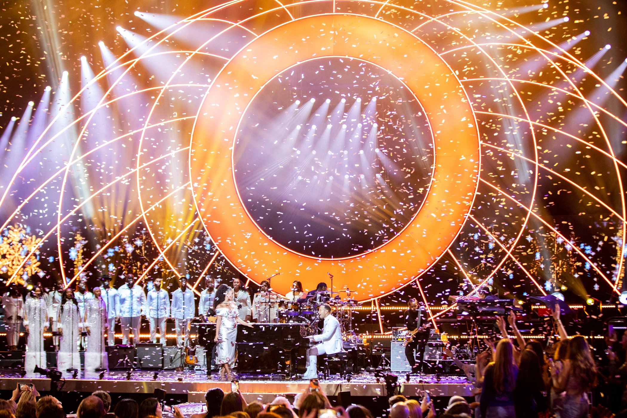 John Legend and Jorja Smith perform together for the finale as confetti fills Royal Albert Hall.