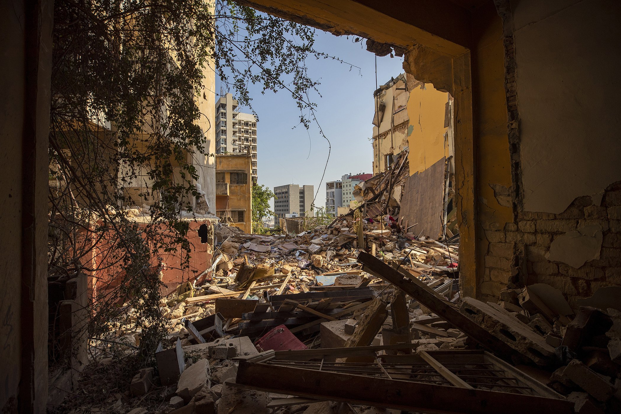 Destroyed buildings are seen from a room heavily damaged in a neighborhood near the site of last week's explosion that hit the seaport of Beirut Beirut, Lebanon, Aug. 12, 2020.
