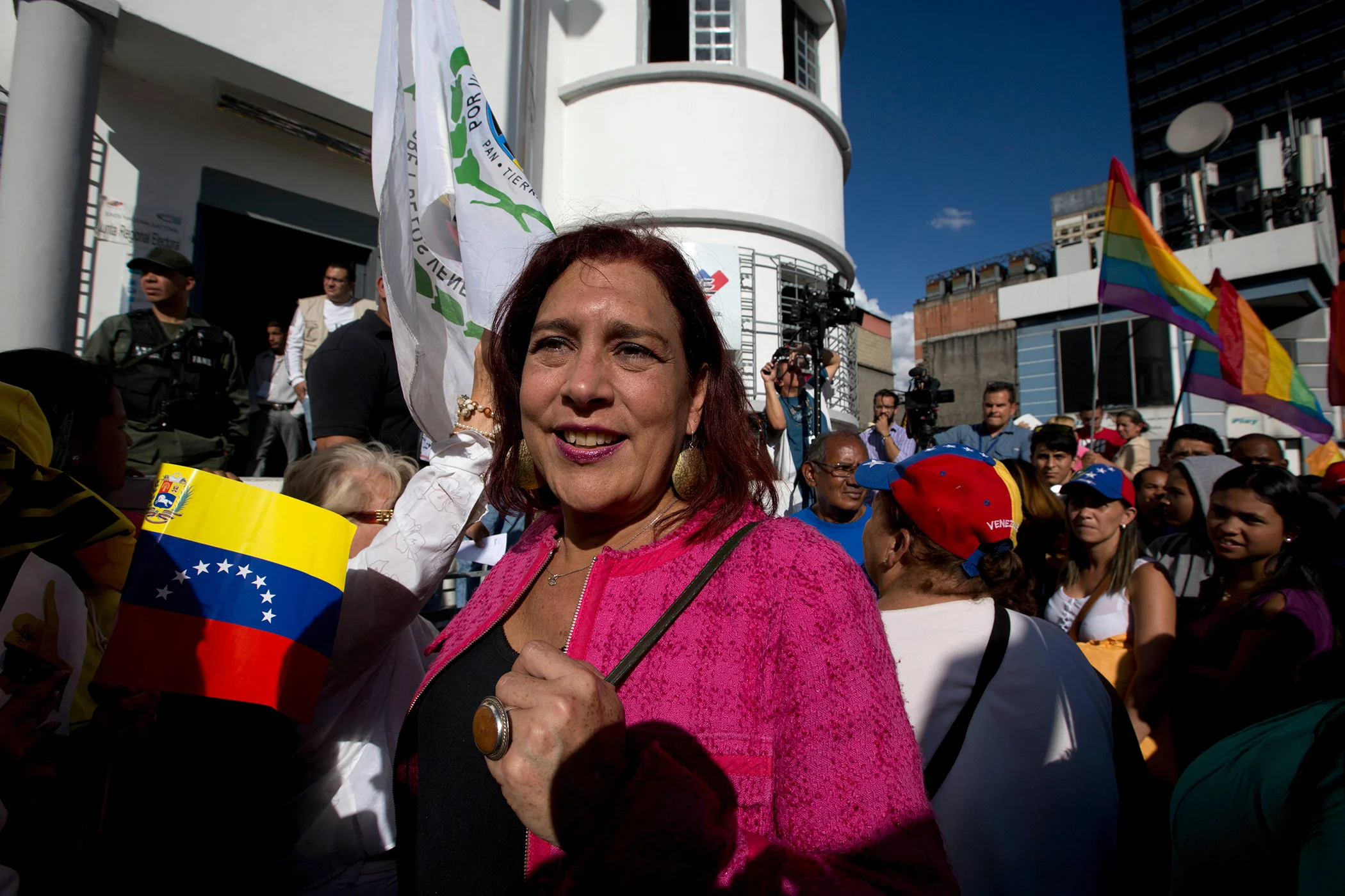Tamara Adrian speaks with supporters at the National Electoral Council (CNE) in Caracas, Venezuela, Dec. 9, 2015.