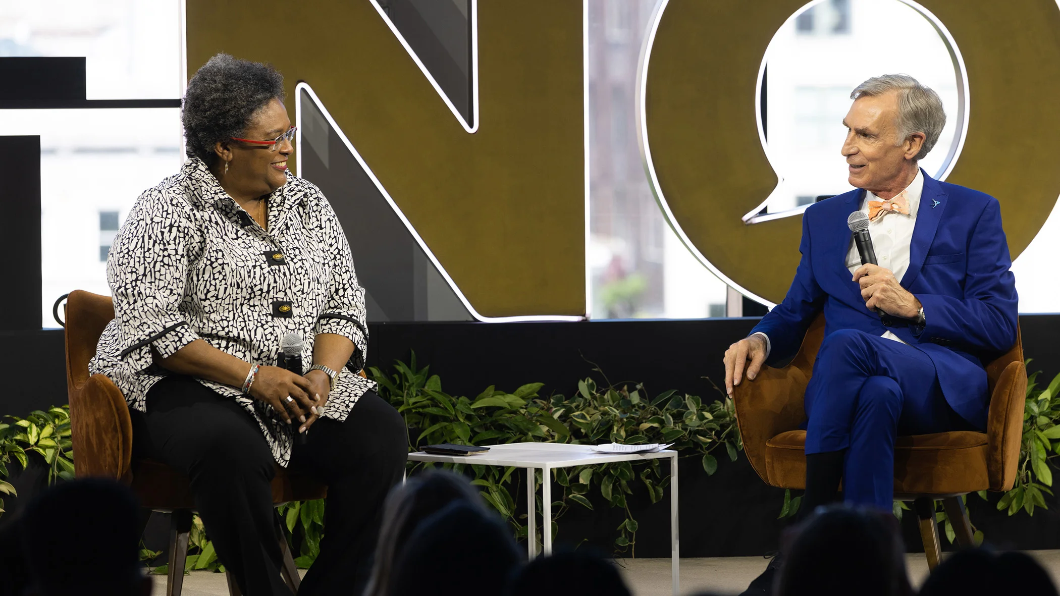 Barbados Prime Minister Mia Mottley and science educator Bill Nye speak during Global Citizen NOW at Spring Studios in New York City on May 23, 2022.