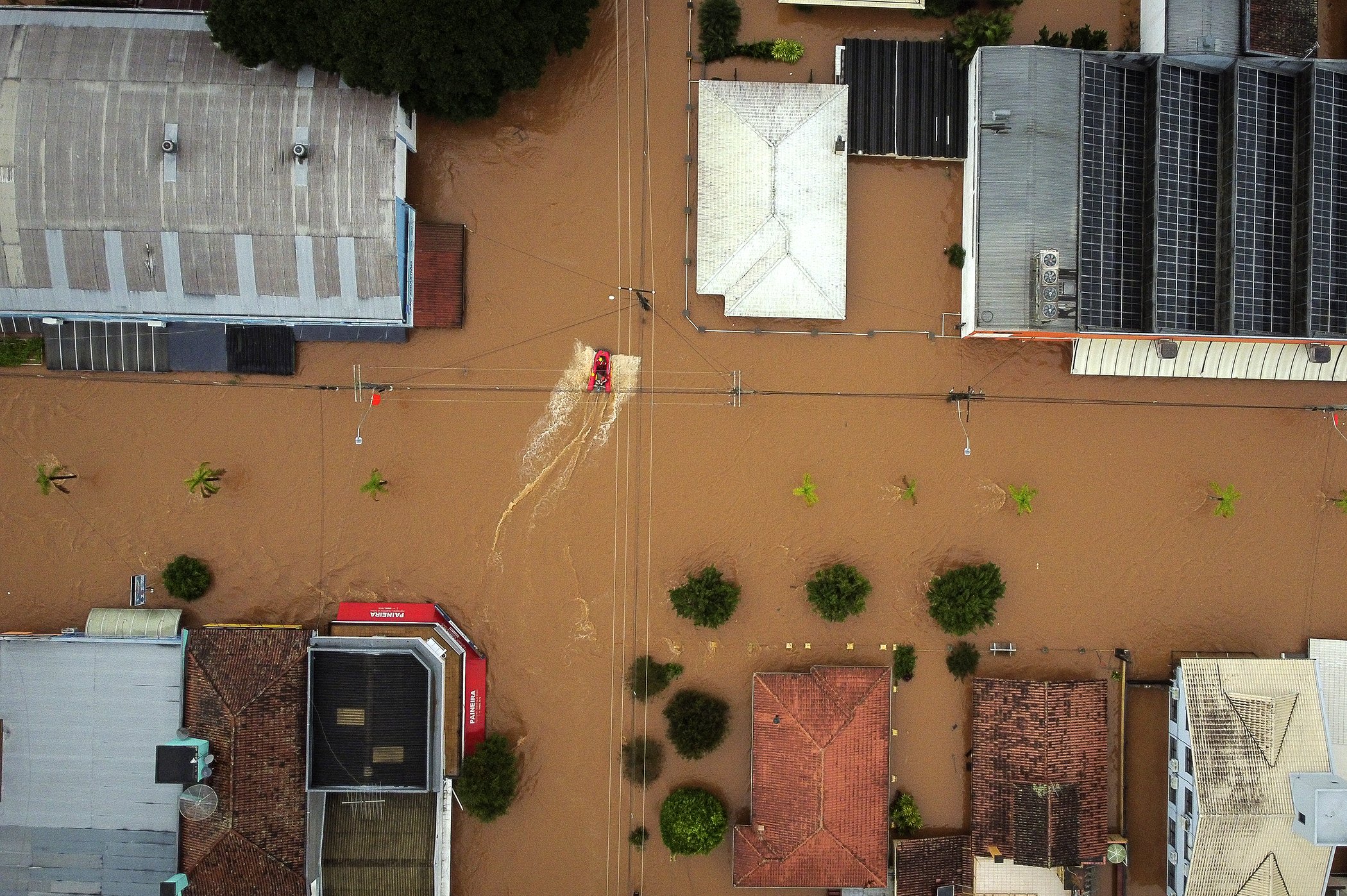 Streets are flooded after heavy rain in Sao Sebastiao do Cai, Rio Grande do Sul state, Brazil, May 2, 2024. (Carlos Macedo/AP)