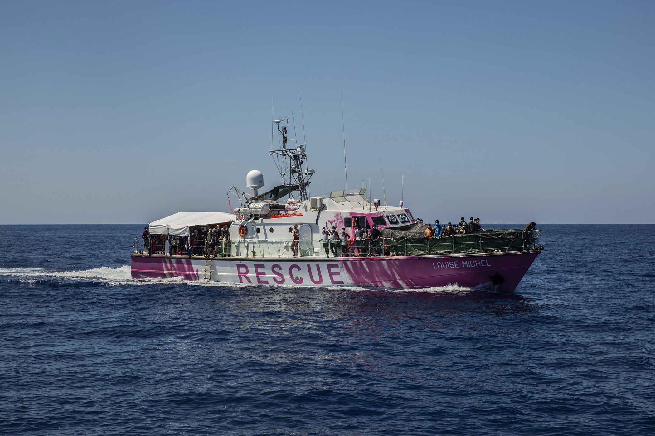 Louise Michel rescue vessel, a former French patrol boat currently manned by activists and funded by the renowned artist Banksy, is seen in the Central Mediterranean sea, at 50 miles south from Lampedusa, Aug. 28, 2020.