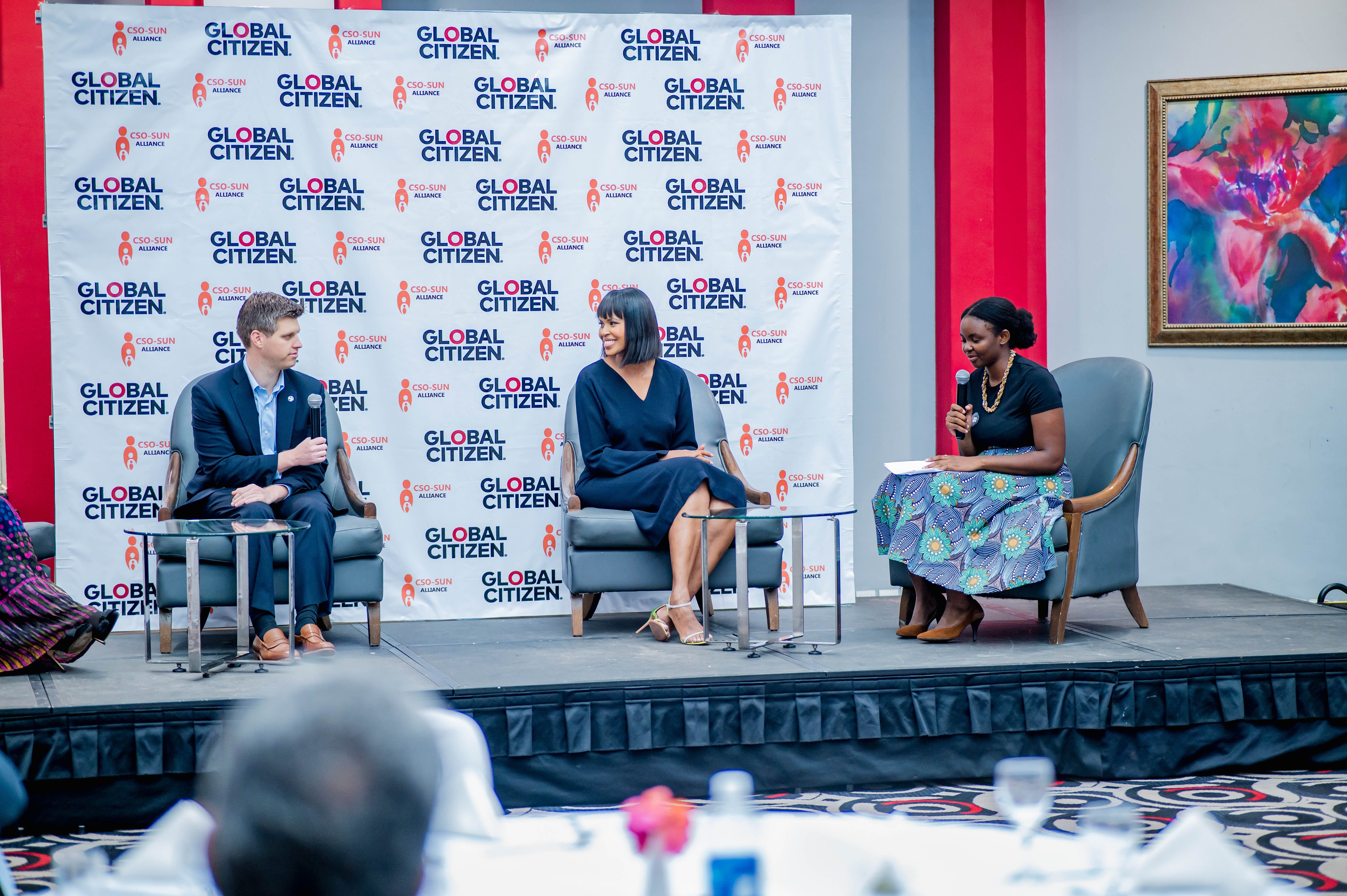(L-R) Michael Sheldrick; Global Citizen Europe board co-chair Sabrina Elba; and Mwandwe Chileshe, Global Citizen's global policy lead on food security, nutrition, and agriculture at the AU Mid-Year Coordination Meeting.
