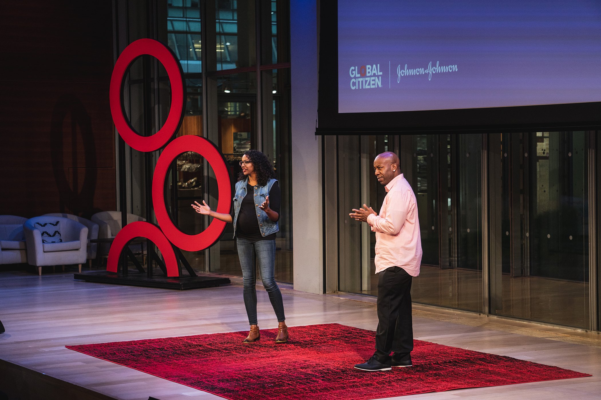 Greyston Bakery Account Manager Sunitha Malieckal (L) and Greyston Bakery Supervisor Dion Drew speak onstage during Global Citizen - Movement Makers at The Times Center on Sept. 25, 2018 in New York City.