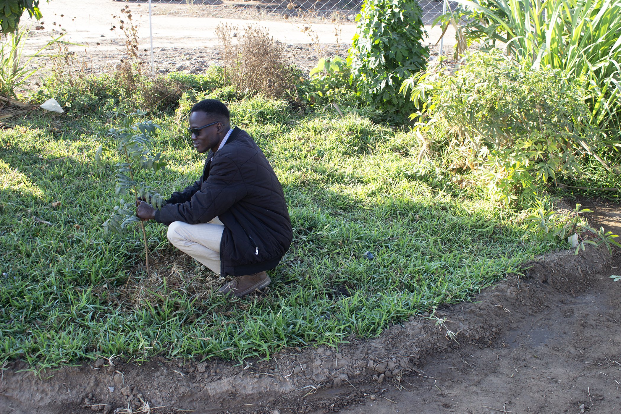 Stephen Pech Gai embraces a young Neem tree that his organization planted as part of their program of greening public centers at Tongogara Refugee Camp.
