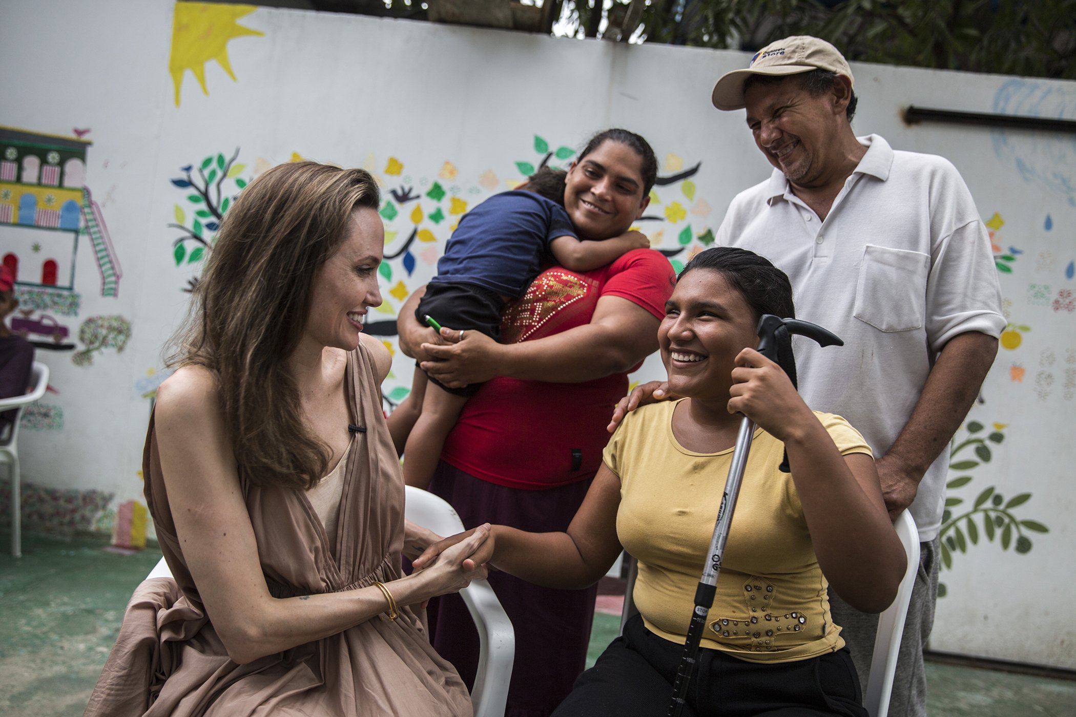 UNHCR Special Envoy Angelina Jolie meets with Ester Barboza, 17, who has been blind since age three and fled Venezuela with her family due to lack of medical care, in Riohacha, Colombia.