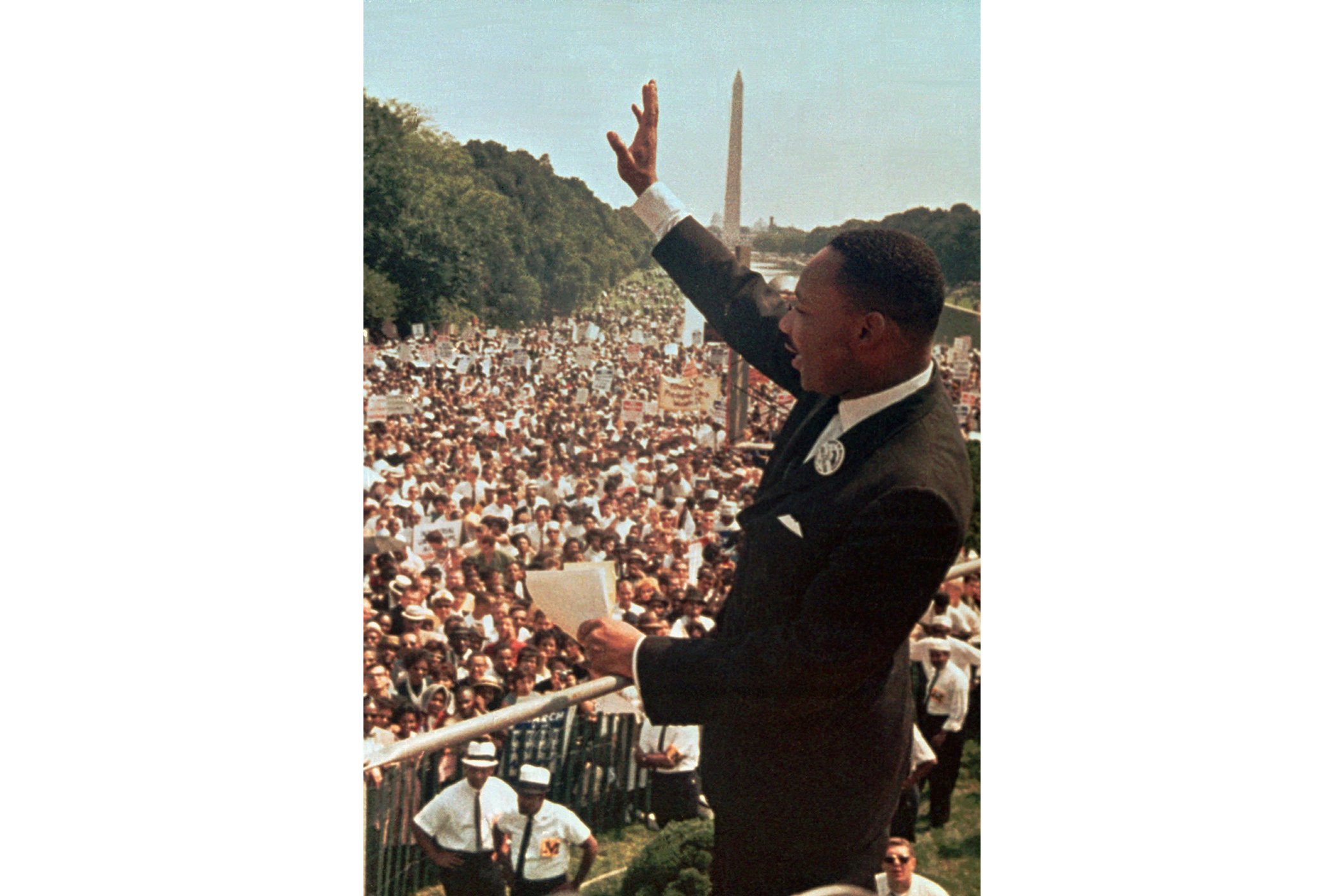 Dr. Martin Luther King Jr. acknowledges the crowd at the Lincoln Memorial for his "I Have a Dream" speech during the March on Washington on Aug. 28, 1963