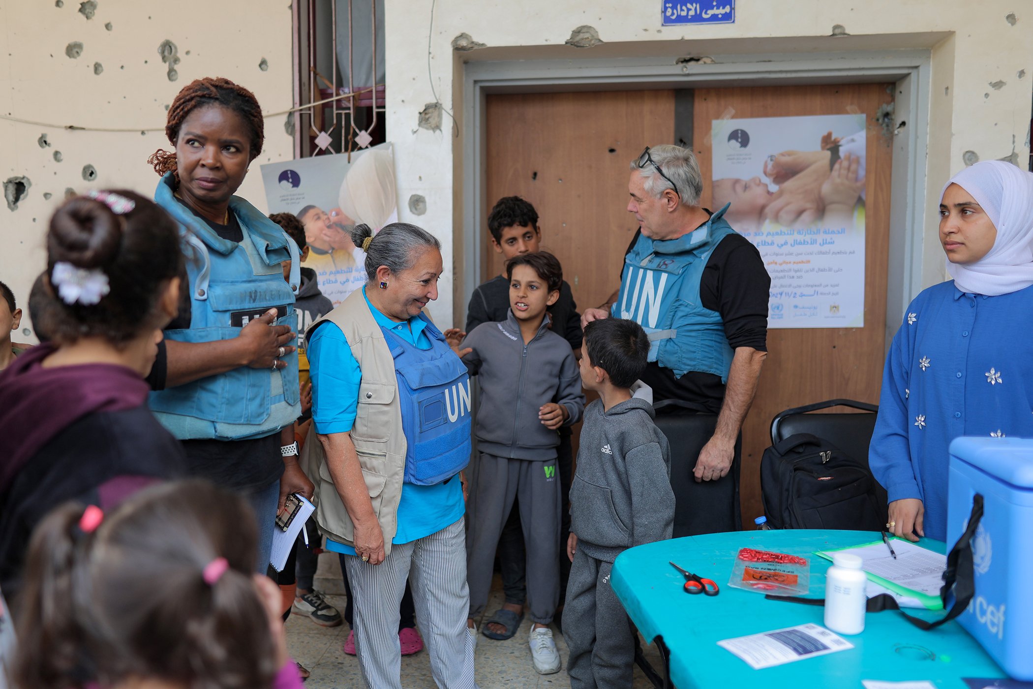 Jean Gough, Special Representative for UNICEF in the State of Palestine, is pictured during a polio vaccination campaign in Gaza in 2024.