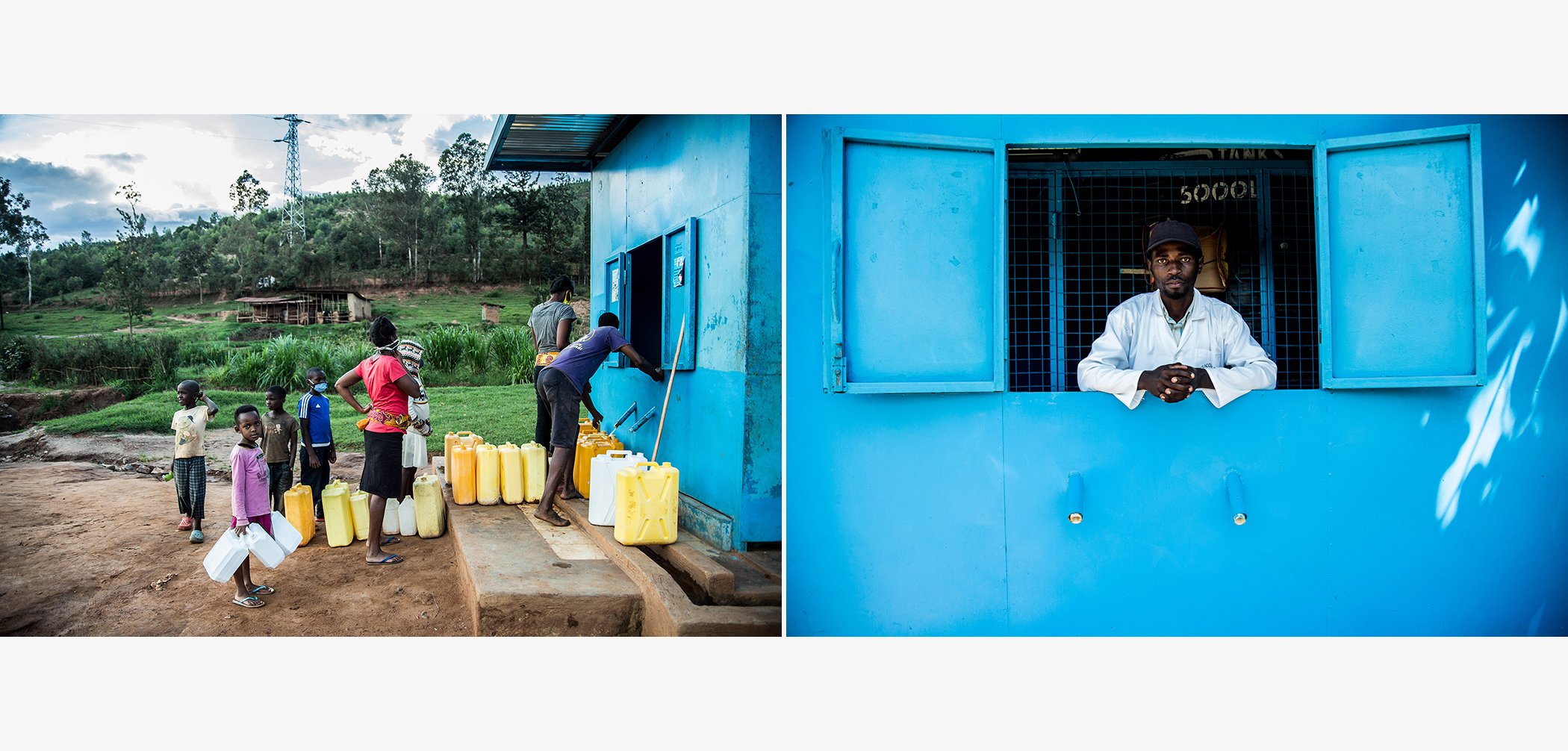 (L) INUMA kiosk in Rwintare, Nyamirambo Sector. The INUMA mini-grid supplies piped, purified water that people can access either at a public water point or directly in their homes. (R) Felix Twizeyumukiza is a kiosk attendant for Water Access Rwanda.