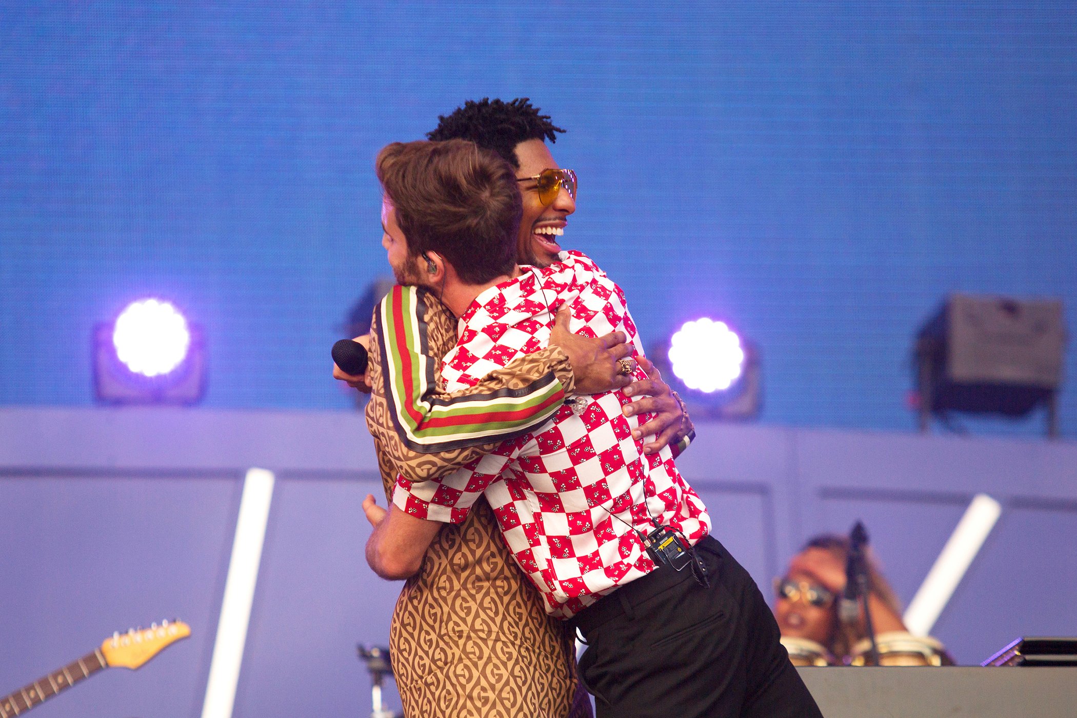 Ben Platt and Jon Batiste hug following a performance together at the Global Citizen Festival in Central Park, on Sept. 28, 2019, in New York City.