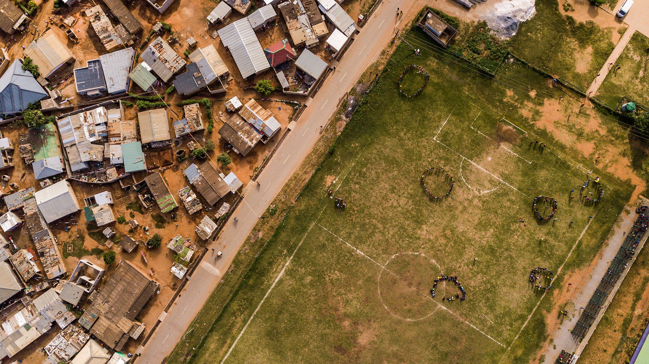 Aerial drone photograph of a grassroots soccer field