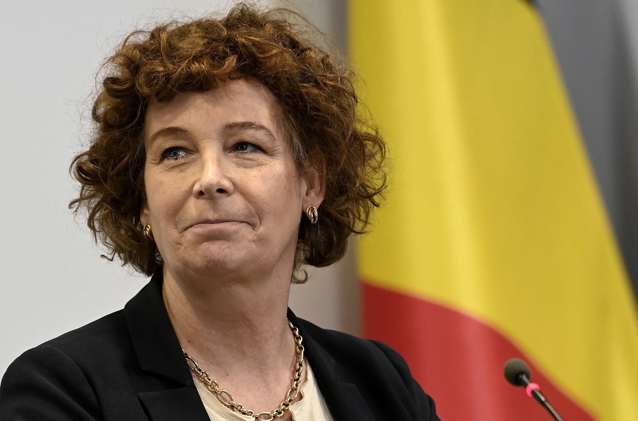 Belgian Vice-Prime Minister Petra De Sutter attends a media conference after a meeting of the National Security Committee regarding the COVID-19 situation and new relevant rules in Brussels, Feb 12, 2021.