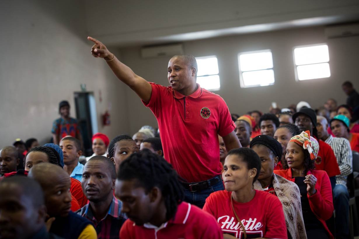 Members of the Abahlali baseMjondolo shack dwellers' movement voice grievances concerning land rights at a recent meeting in Durban, South Africa, August 12, 2018.
