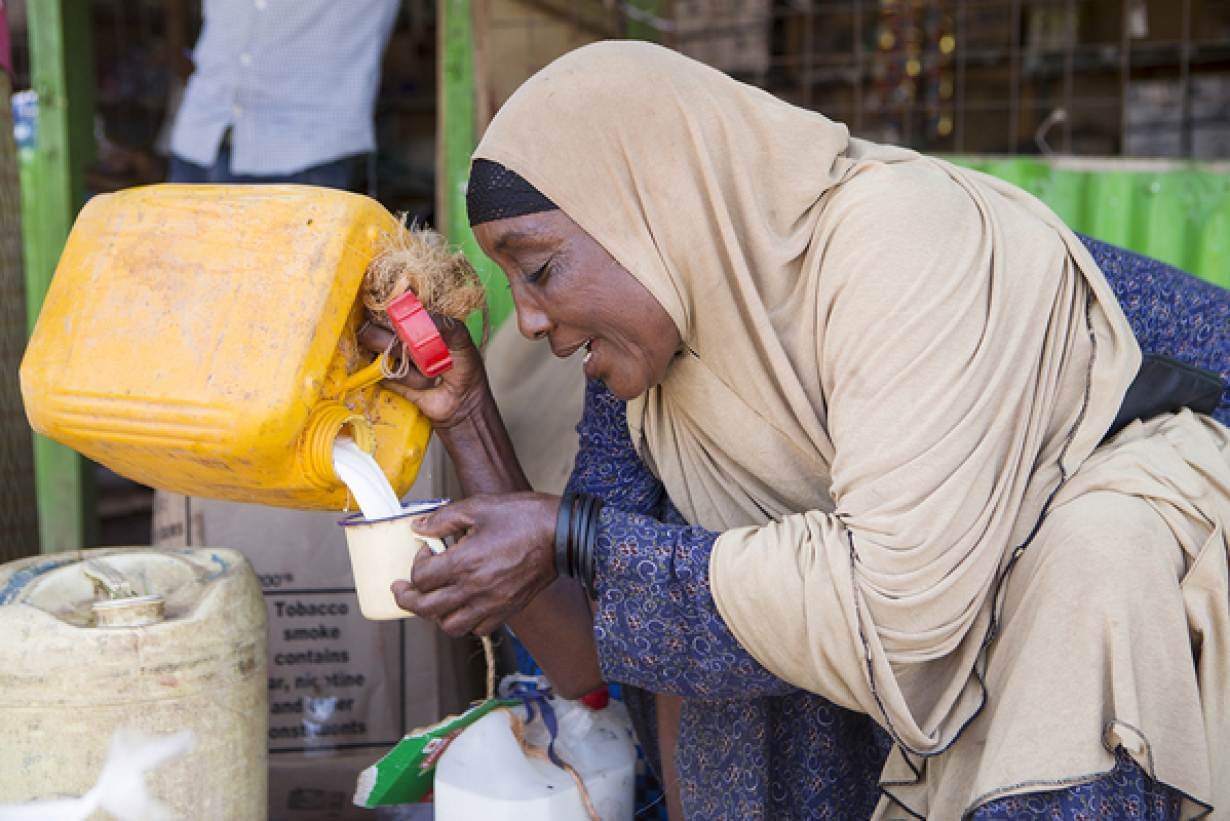 Halima sells camel milk by the roadside in Wajir, northern Kenya, February 10, 2019.