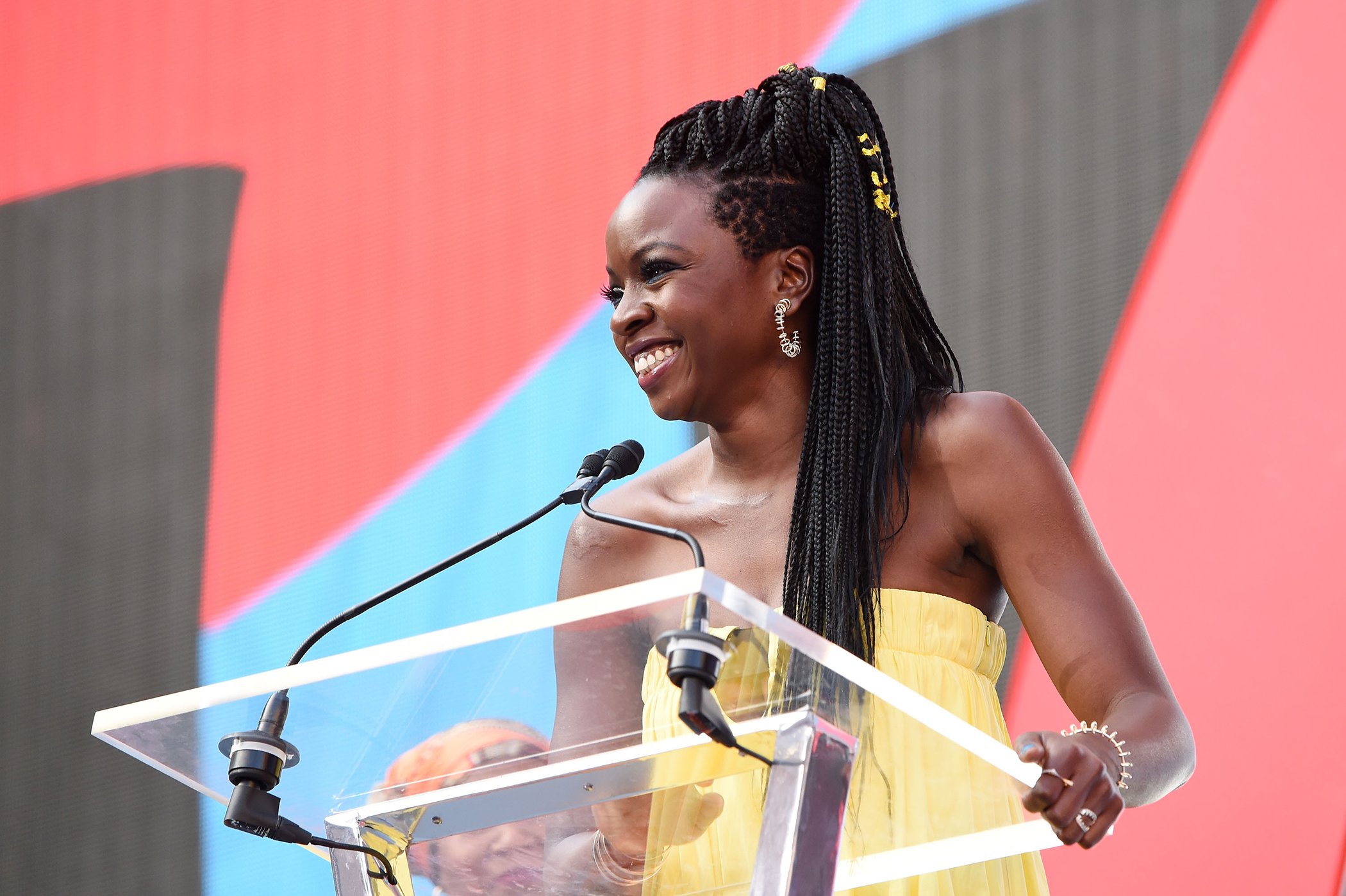 Danai Gurira speaks on stage during the Global Citizen Festival: Mandela 100 at FNB Stadium on Dec. 2, 2018 in Johannesburg, South Africa.