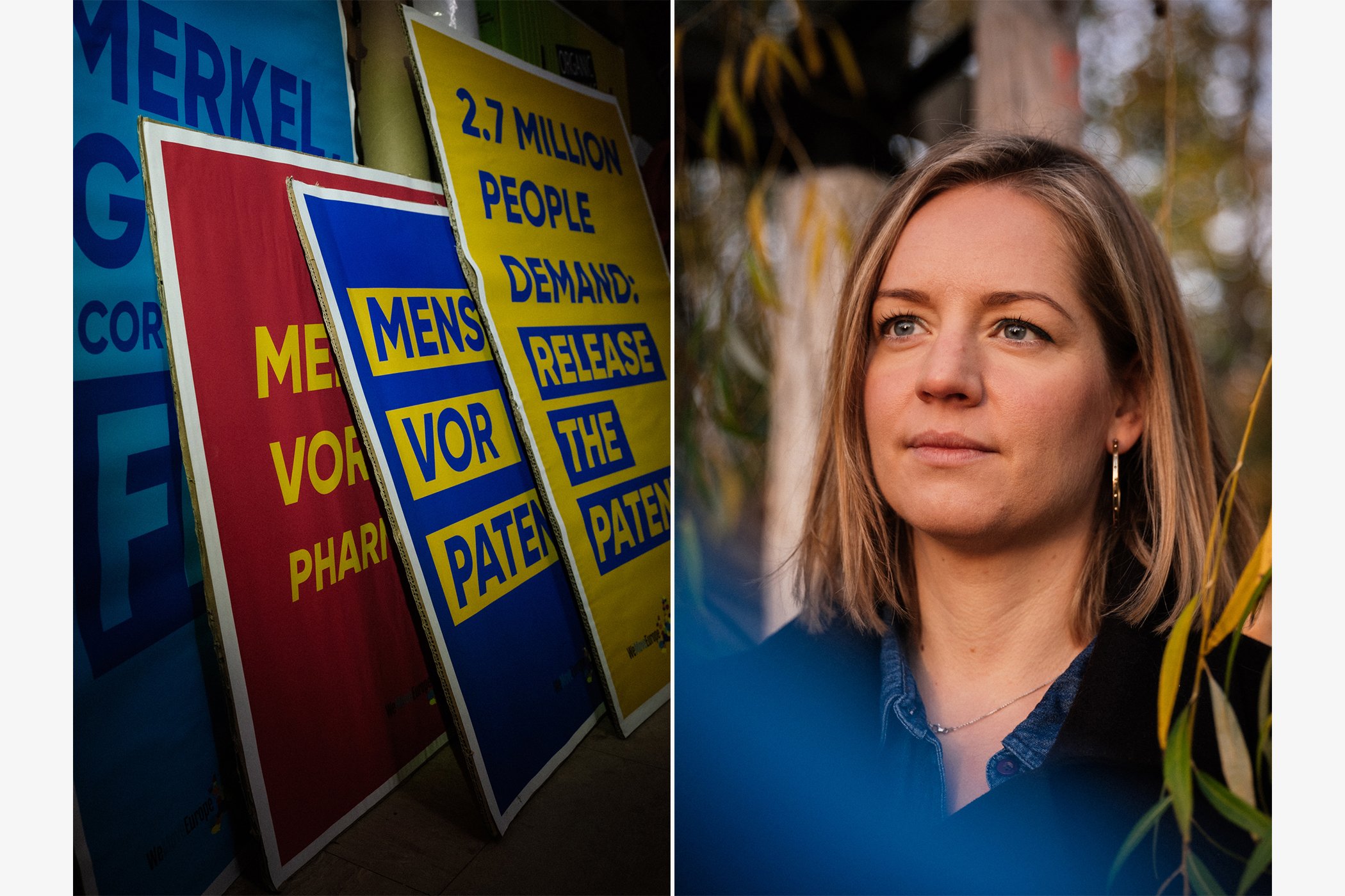 (L) WeMove Europe and The People’s Vaccine, are urging global leaders to ensure vaccines are produced rapidly at scale, made accessible (R) Annemarie Botzki poses for a portrait in Berlin in November 2021.
