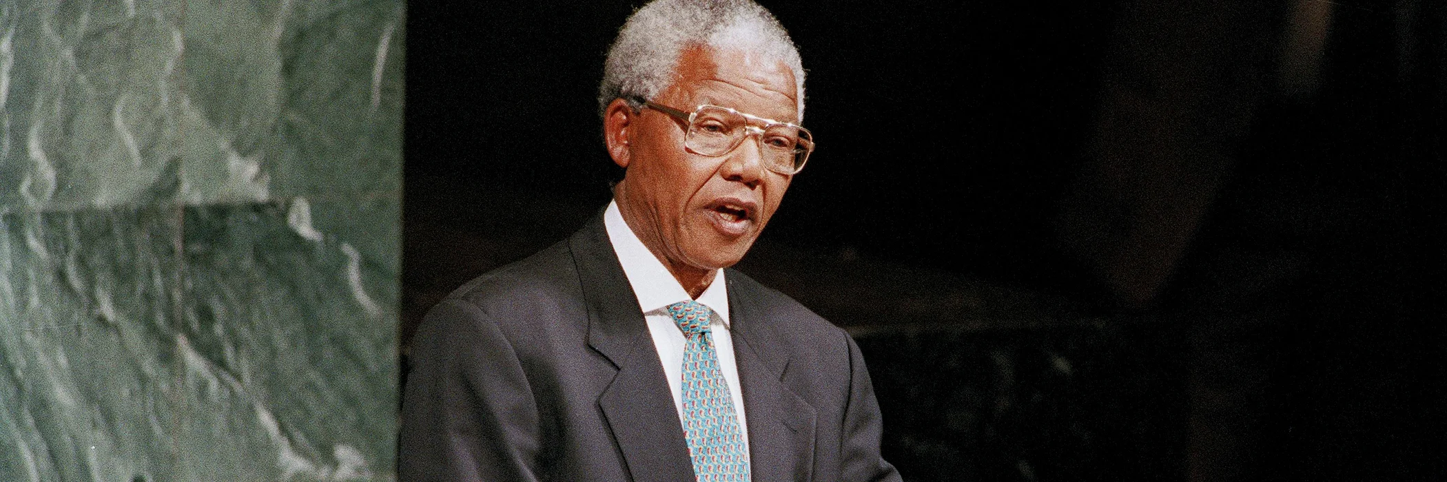 African National Congress President Nelson Mandela addresses the Committee Against Apartheid in the United Nations General Assembly Hall, Sept. 24, 1993.