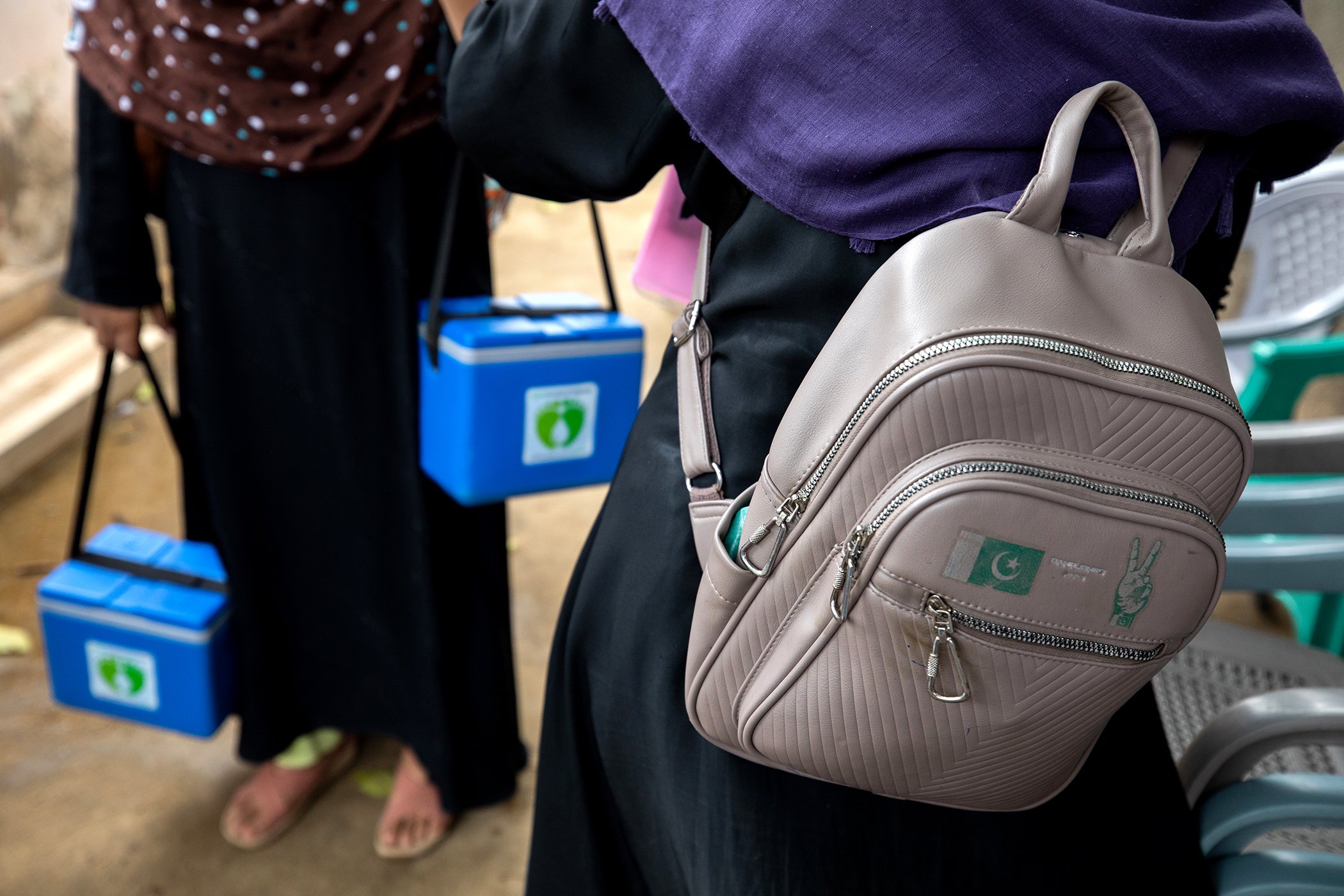 A polio vaccinator's backpack is photographed while out in the field in Karachi, Pakistan on Aug. 21, 2022.