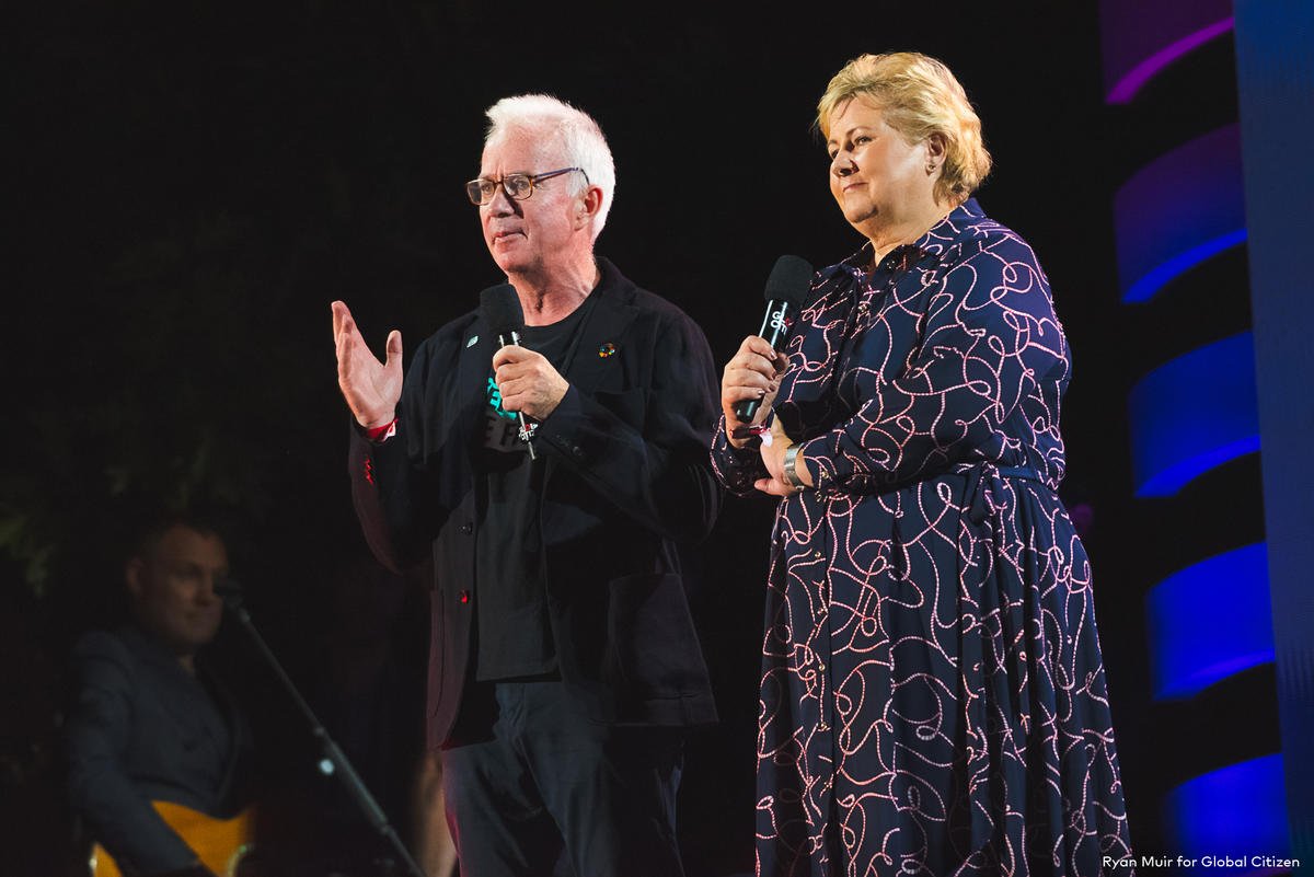 Global Fund Executive Director Peter Sands and Erna Solberg, Prime Minister of Norway address the crowd at the Global Citizen Festival in New York, Sep 2019.