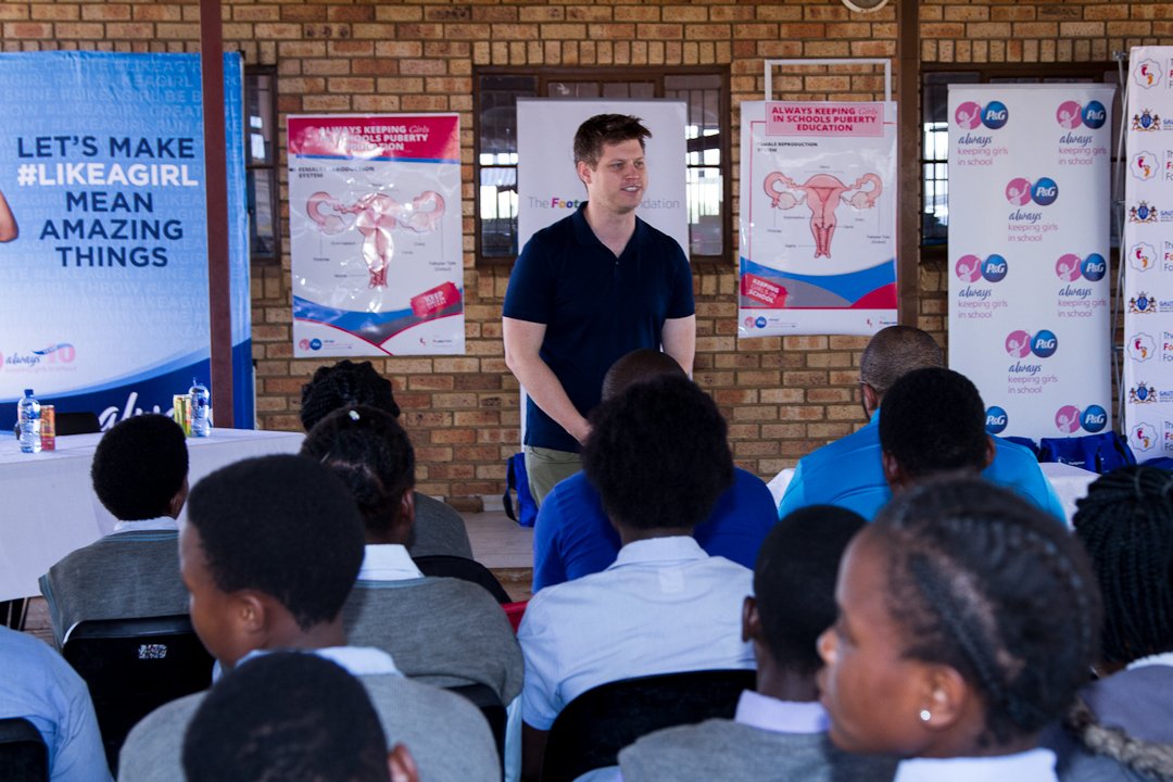 Michael Sheldrick participates in a menstrual health workshop, ran in partnership and supported by Global Citizen partner Procter & Gamble, in Gauteng Province, South Africa.