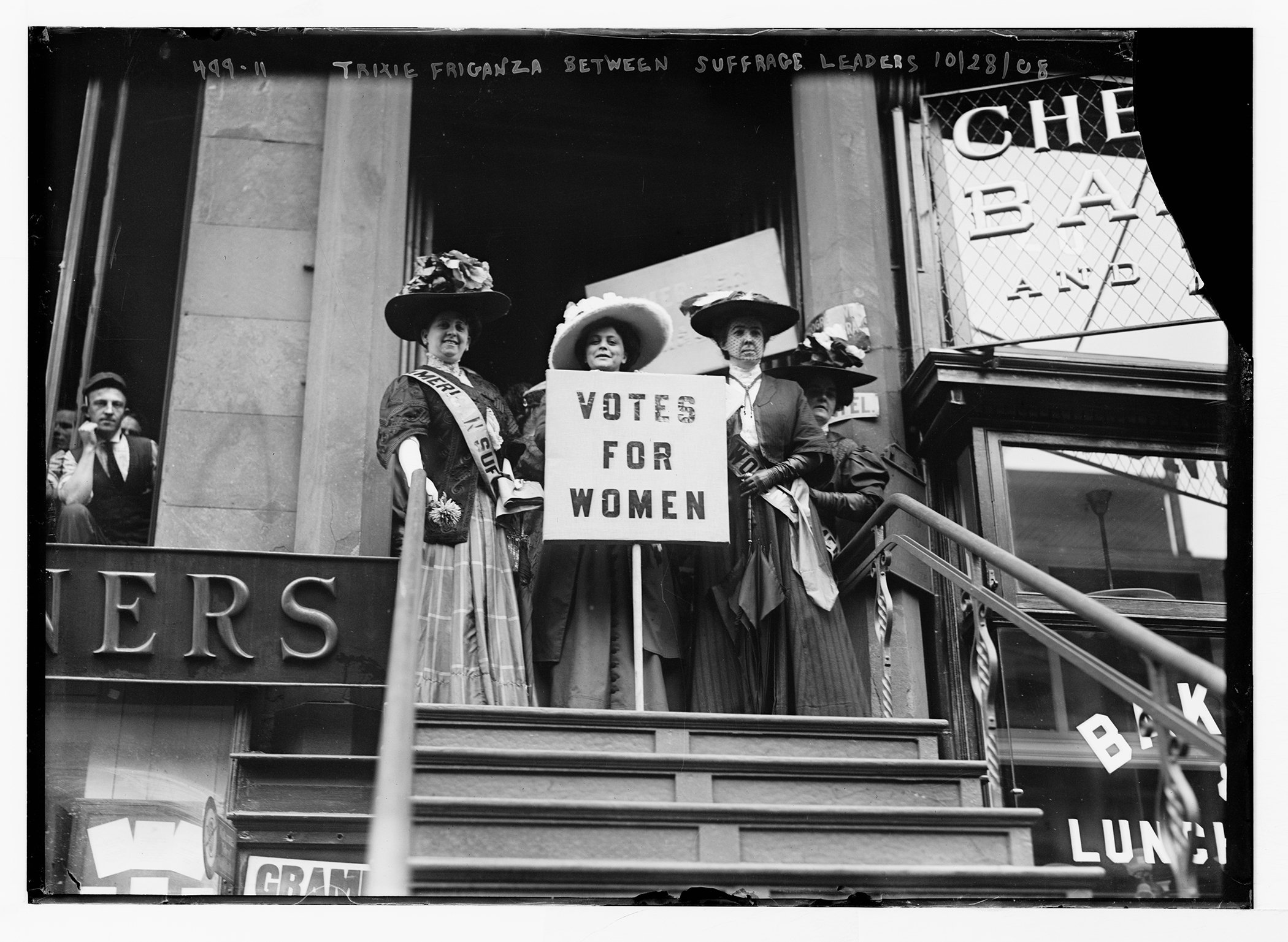 Trixie Friganza, an actress and suffragist, is pictured with other women's suffrage leaders in New York.