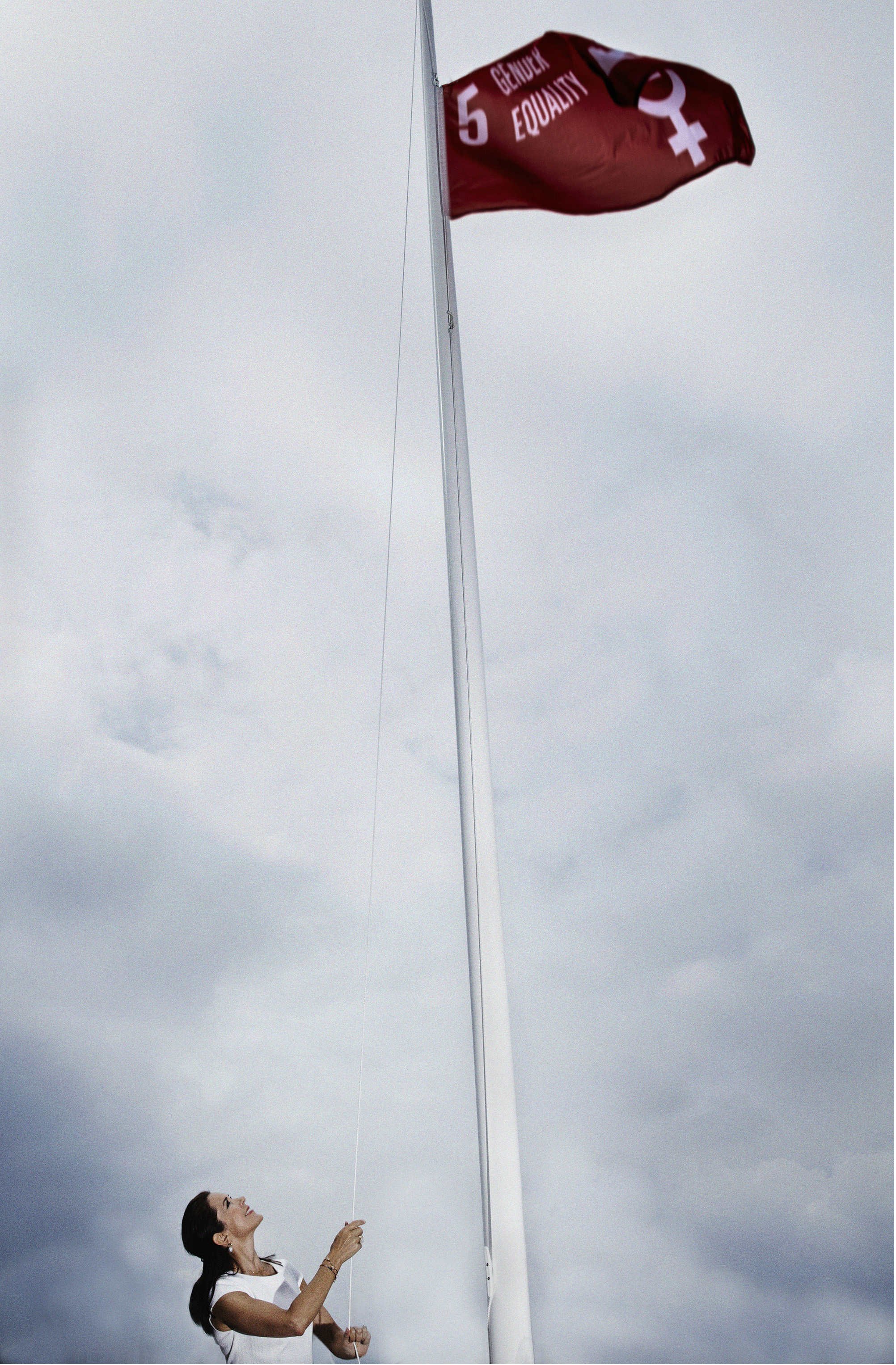 H.R.H. Crown Princess Mary of Denmark raises the first of 17 flags each representing 1 of the global goals. As part of the Women Deliver conference she raised the flag for Goal 5 for Gender Equality.
