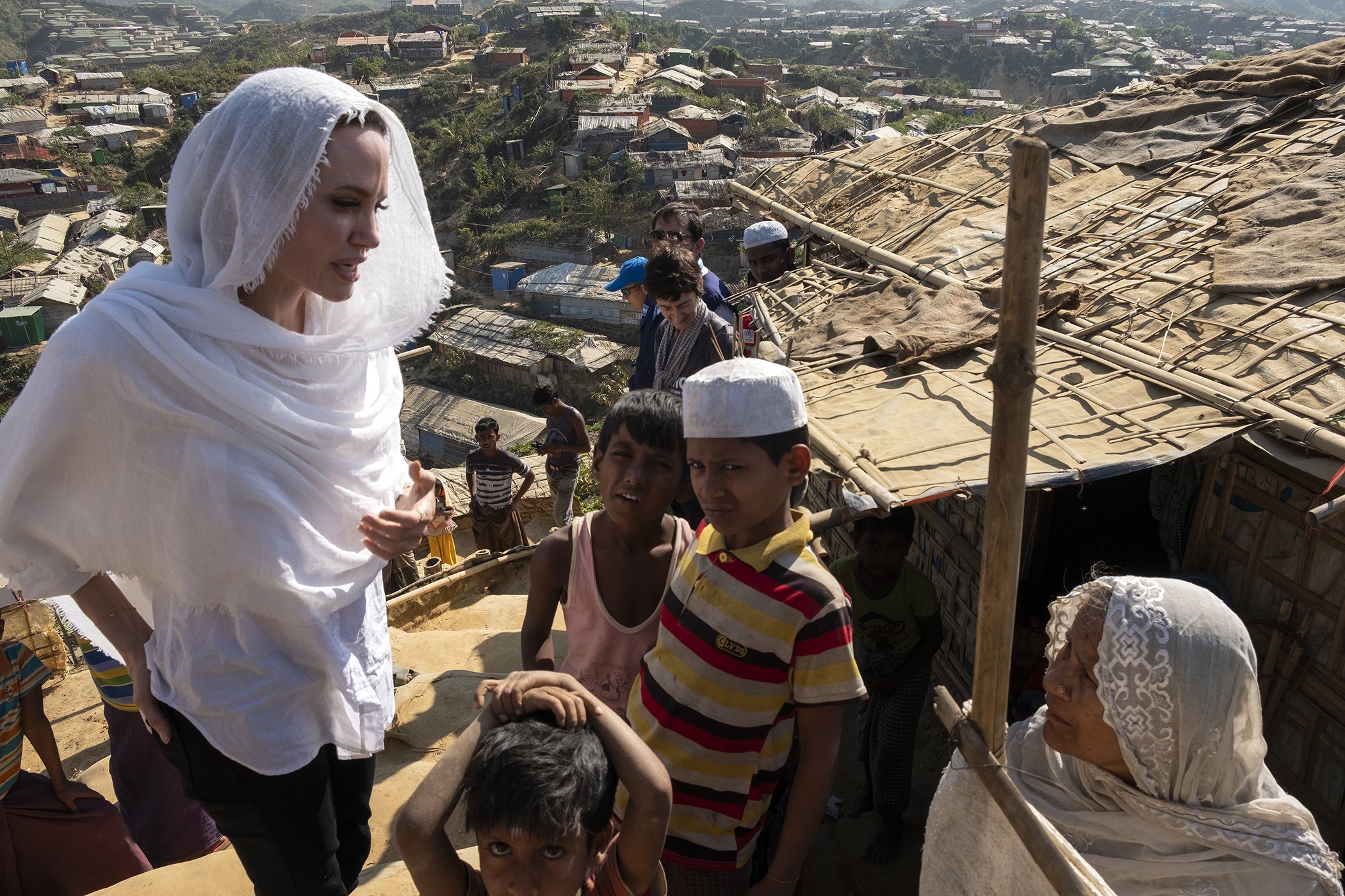 UNHCR Special Envoy Angelina Jolie speaks with Rohingya refugees in Chakmarkul camp, in Cox's Bazar, Bangladesh.