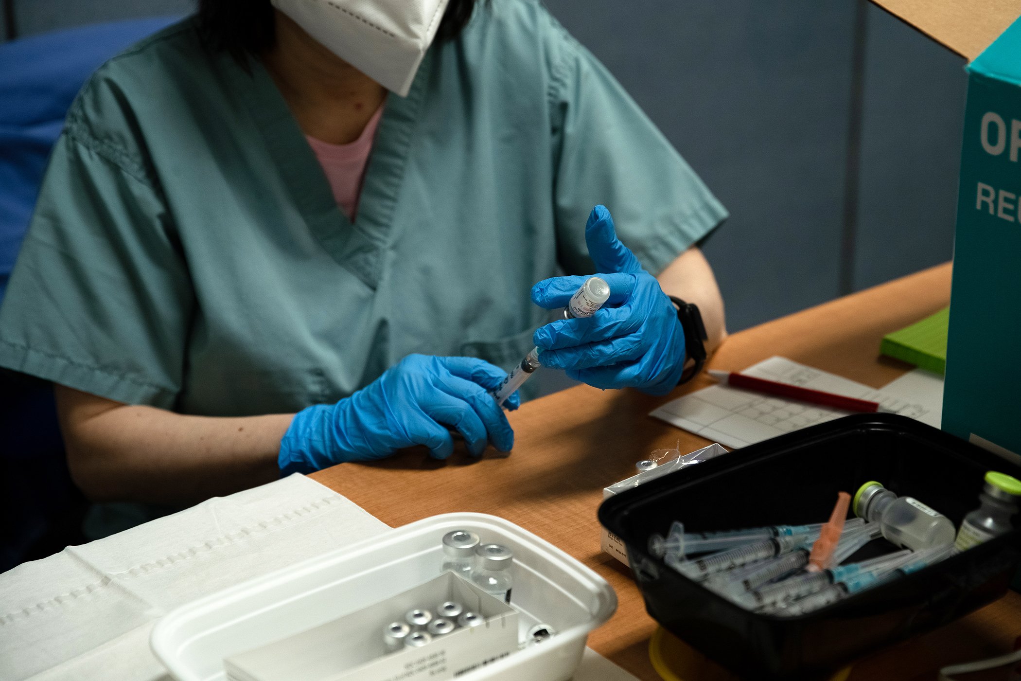 The temporary vaccination clinic at the Pui Tak Center located in the heart of Chicago’s Chinatown. The temporary clinic distributes 150 to 200 doses of vaccines per day.