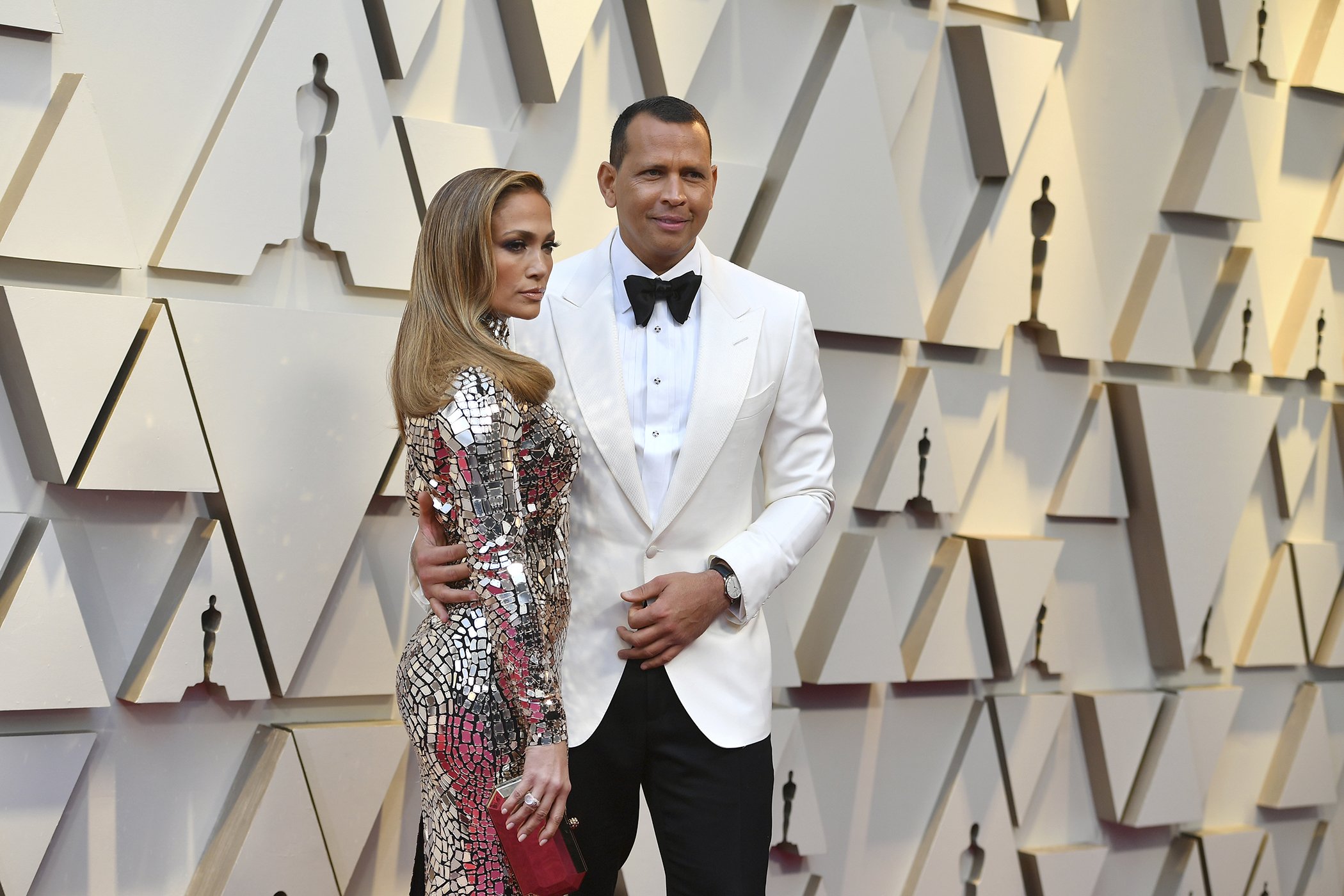 Jennifer Lopez, left, and Alex Rodriguez arrive at the Oscars on Feb. 24, 2019, at the Dolby Theatre in Los Angeles.