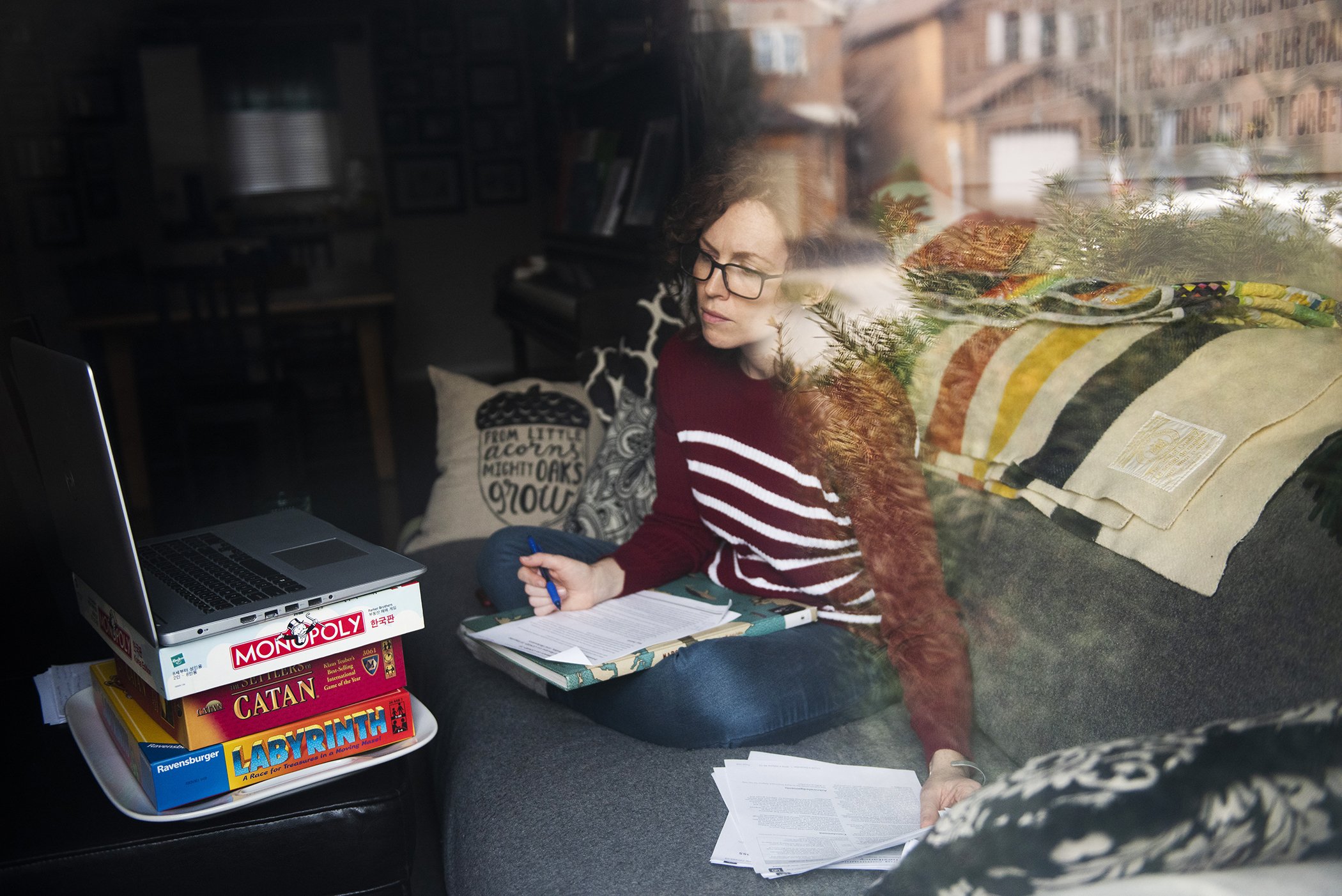 Jill Promoli attends a meeting about building vaccine confidence, while working from her home in Mississauga, Canada on Dec. 11, 2020.