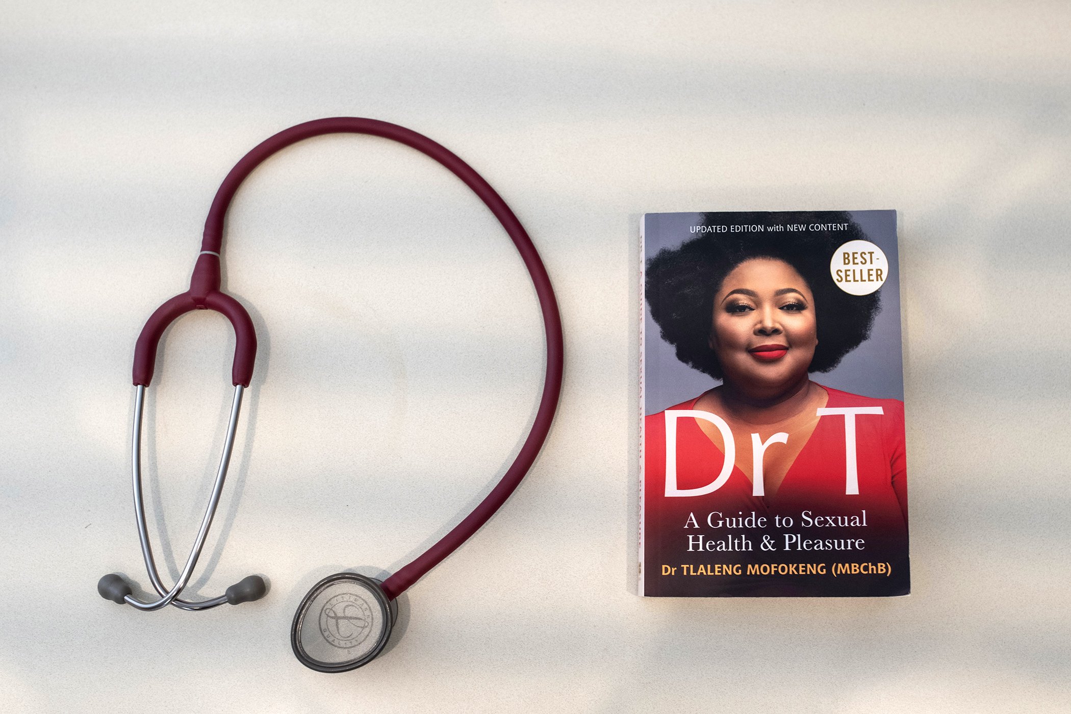 A copy of Dr. Tlaleng Mofokeng's best-selling book is photographed at her home in Johannesburg.