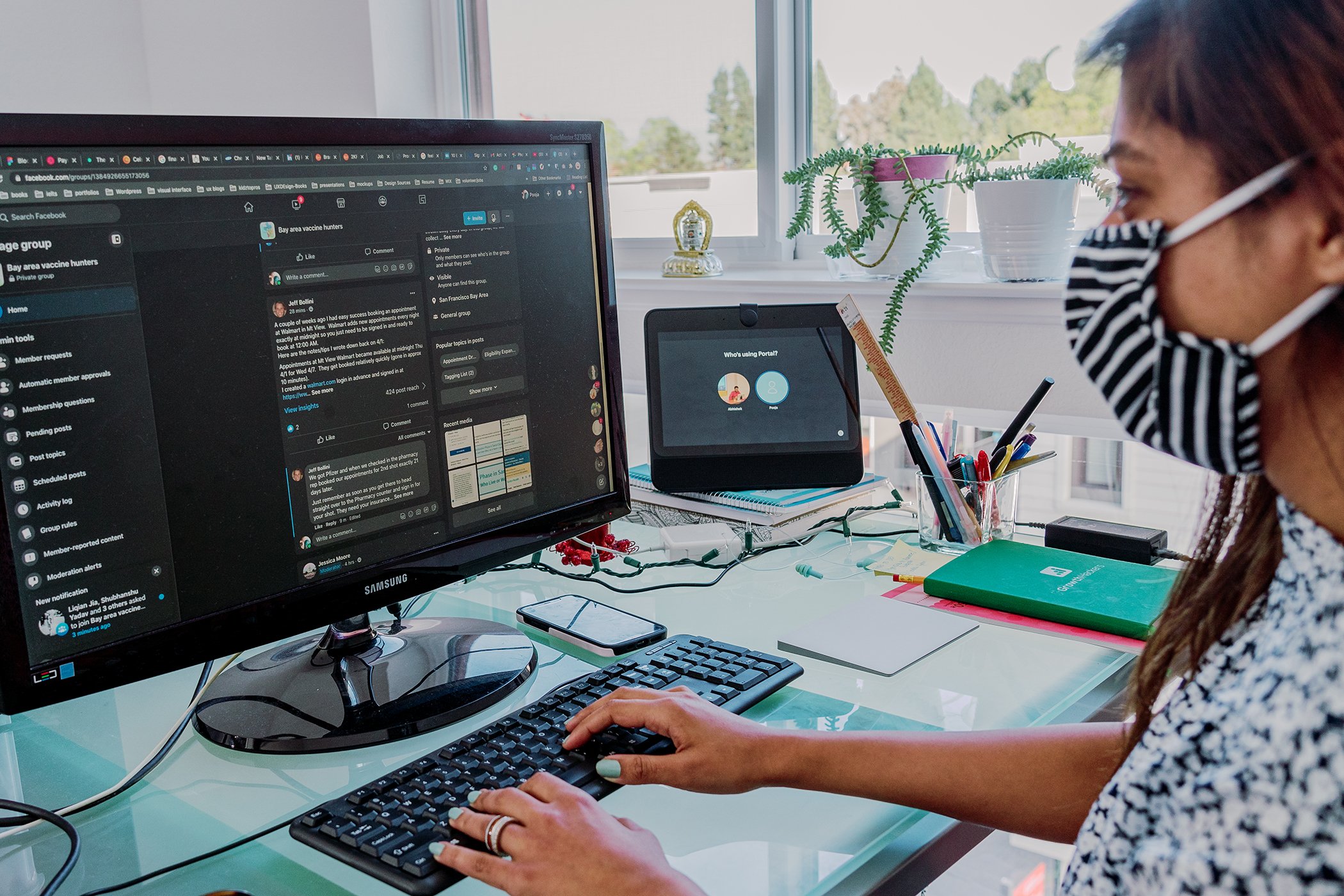 Pooja Daryani manages the Bay Area vaccine hunters group in her home office. The platform has supported members in overcoming obstacles including language barriers, computer illiteracy, and schedule constraints that prevent them from booking appointments.
