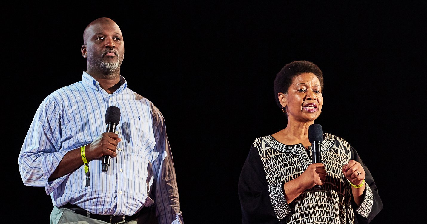 UN Women Executive Director, Phumzile Mlambo-Ngcuka speaks with Minister of Justice Abubacarr Tambadou of The Gambia at the Global Citizen Festival in New York on Sept. 29, 2018.