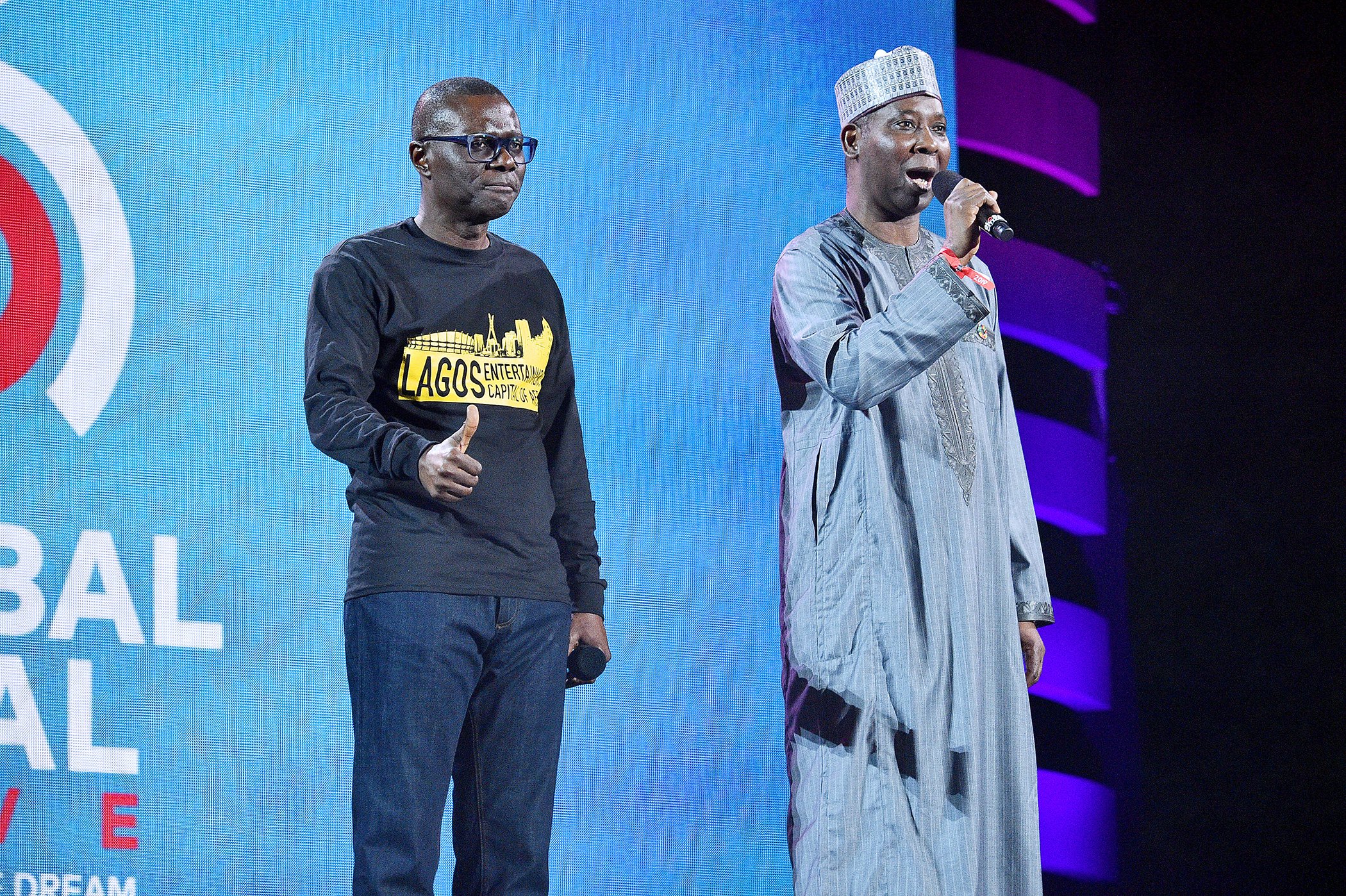 Governor of Lagos State Babajide Sanwo-Olu and UN General Assemby 74th President Tijjani Muhammad-Bande speak onstage during the 2019 Global Citizen Festival on Sept. 28, 2019 in New York City.