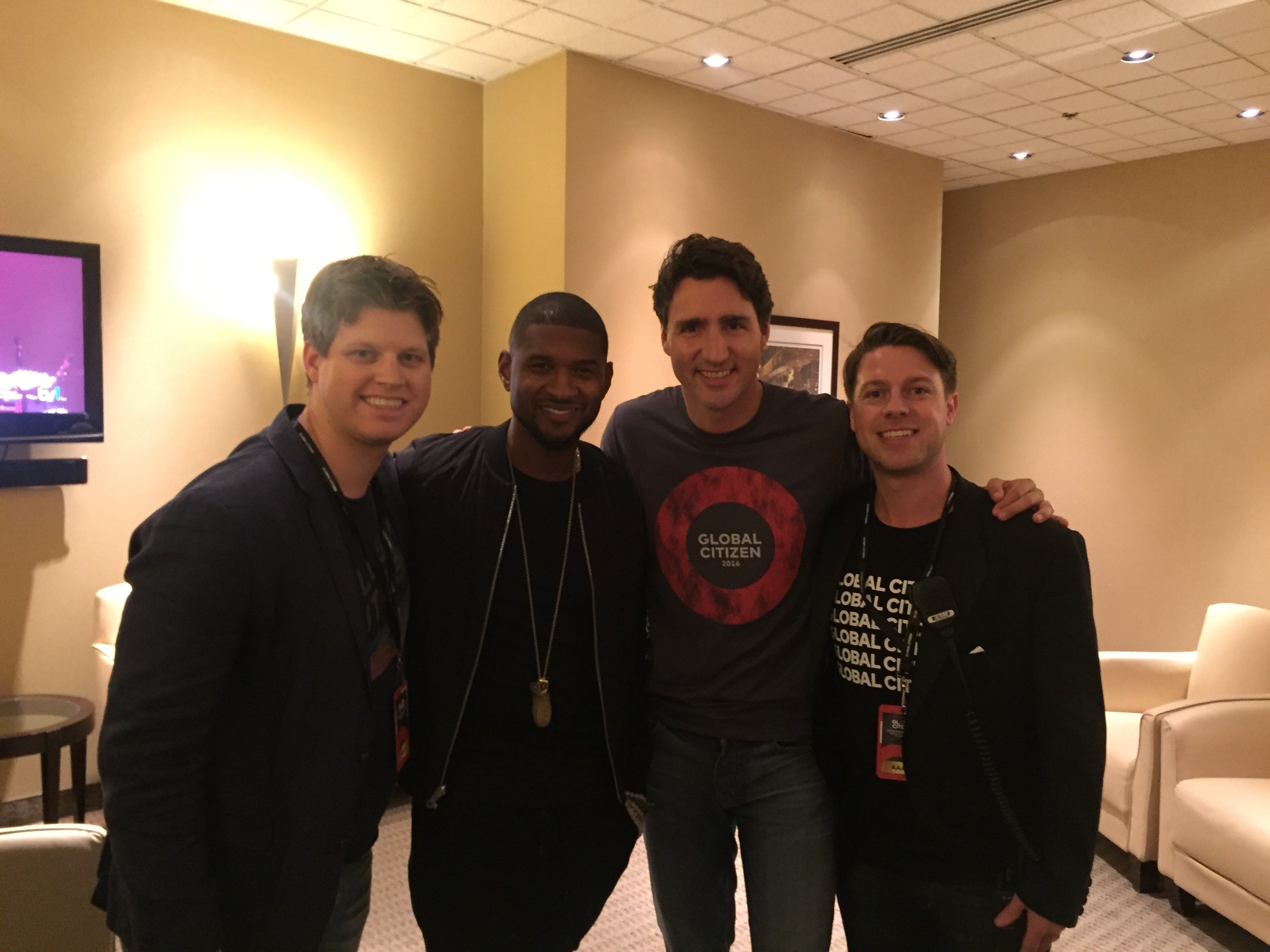 (L-R) Michael Sheldrick, Usher, Canadian Prime Minister Justin Trudeau, and former Global Citizen Canada Country Director Dominic Mishio.