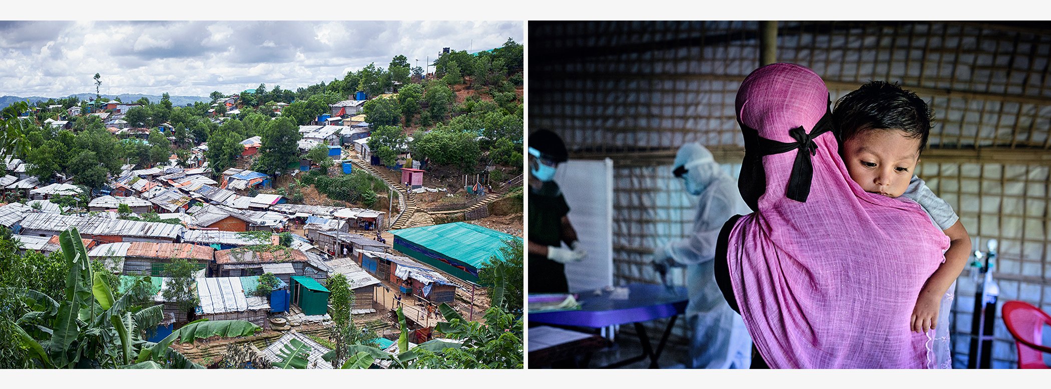 (L) Overhead view of the world's largest refugee camp in Cox's Bazar, Bangladesh, July 2020. (R) Rohingya mothers arrive with their sick children in the health care facilities for treatment in Cox's Bazar, July 2020.