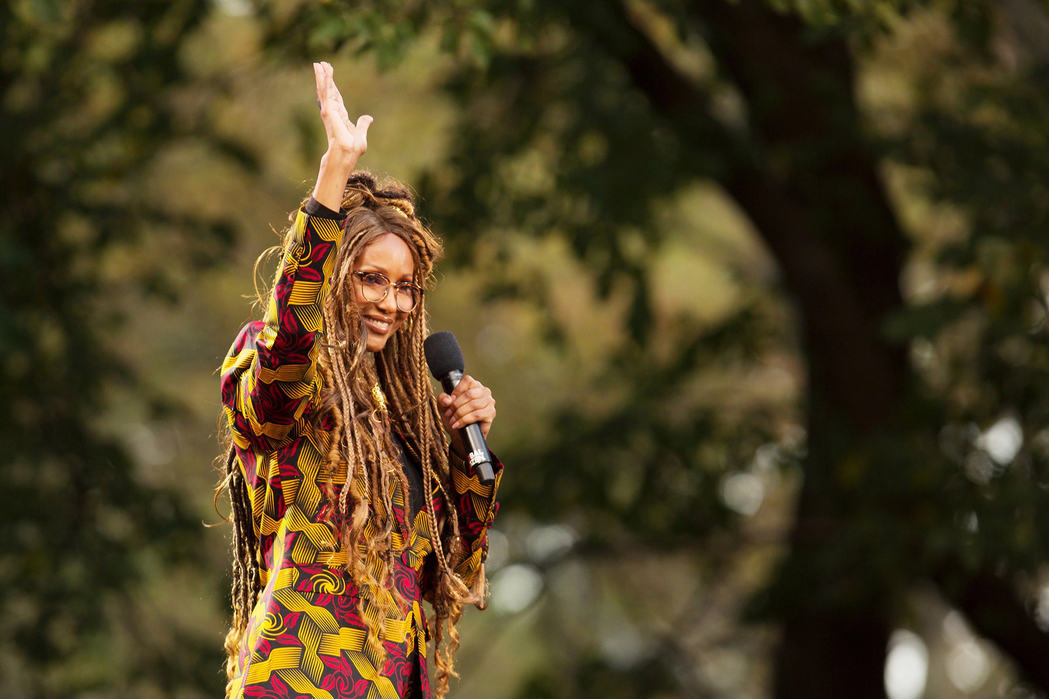 Iman waves to the crowd in Central Park before she speaks during the Global Citizen Festival on Sept. 28, 2019, in New York City.