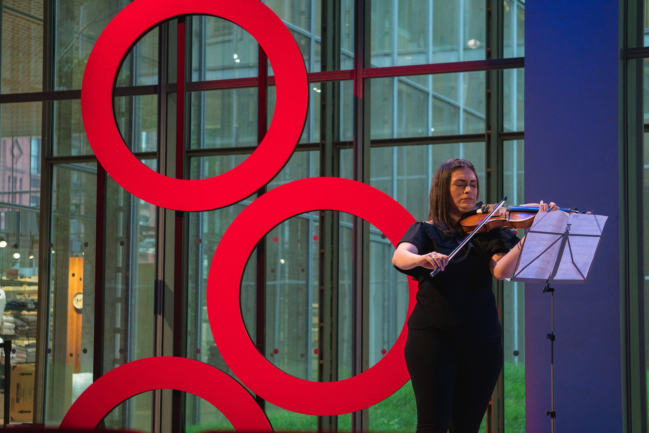 Violinist Mariela Shaker speaks onstage during Global Citizen - Movement Makers at The Times Center on Sept. 25, 2018 in New York City.