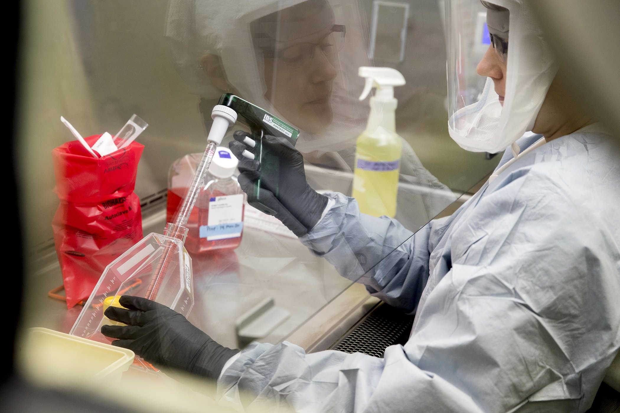 A laboratory scientist cultures coronavirus to prepare for testing at U.S. Army Medical Research and Development Command at Fort Detrick, March 19, 2020, where scientists are working to help develop solutions to prevent, detect and treat the coronavirus.