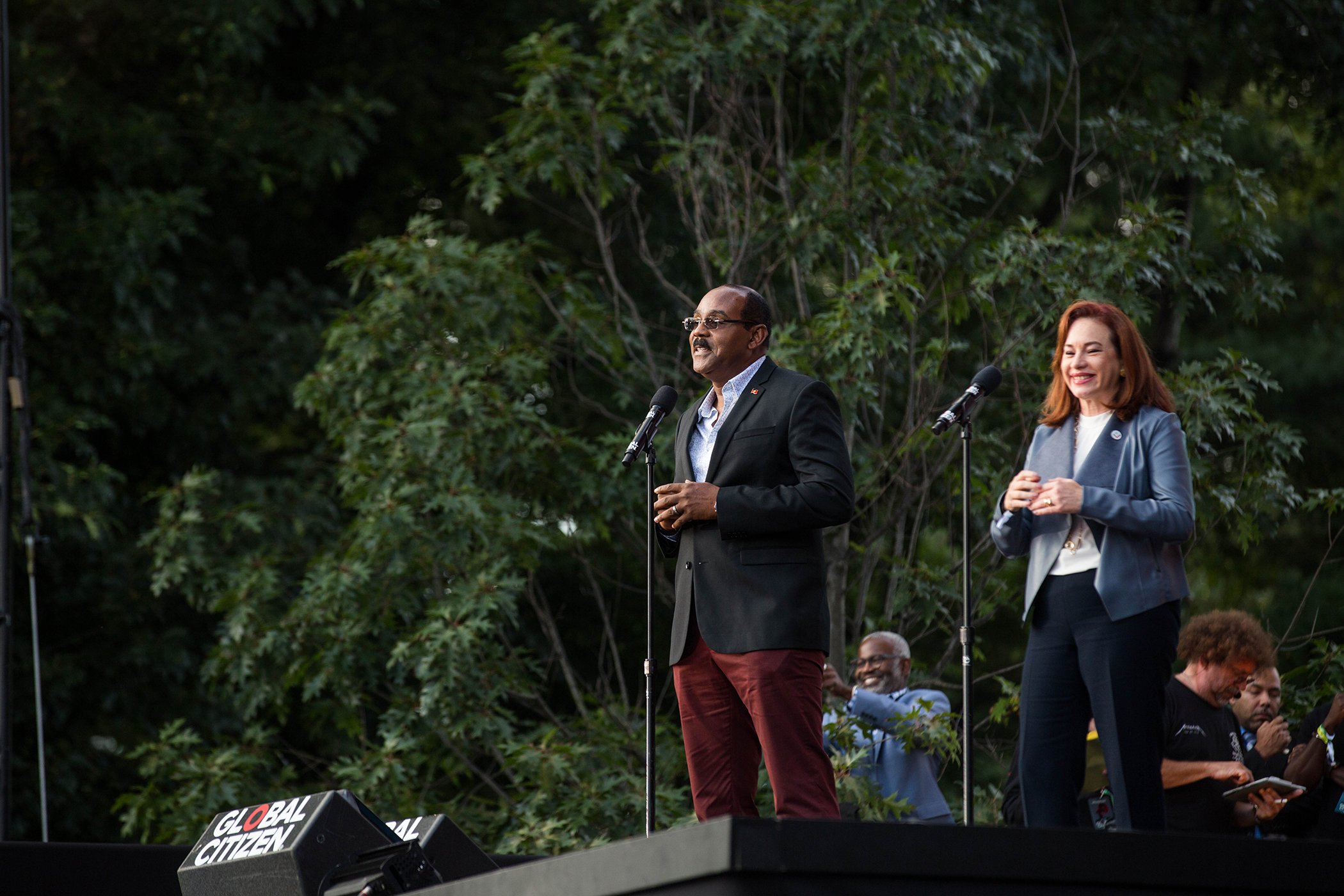 Antigua Prime Minister Gaston Browne and President of the United Nations General Assemby Fernandda Espinosa speak onstage during the 2018 Global Citizen Festival: Be The Generation in Central Park on Sept. 29, 2018 in New York City.